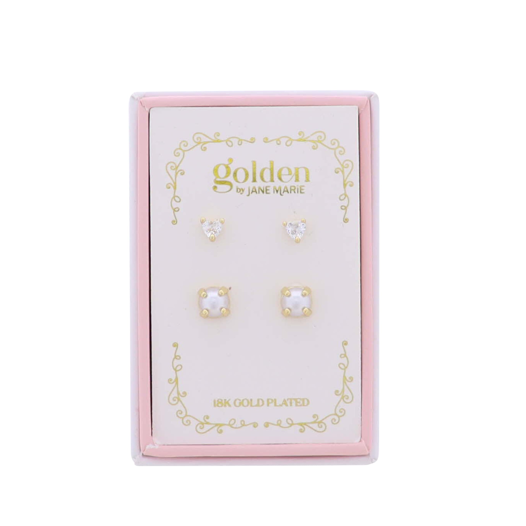 Kids 18K Gold Plated Set of 2 Heart & Purple Cabachon Stud Earrings