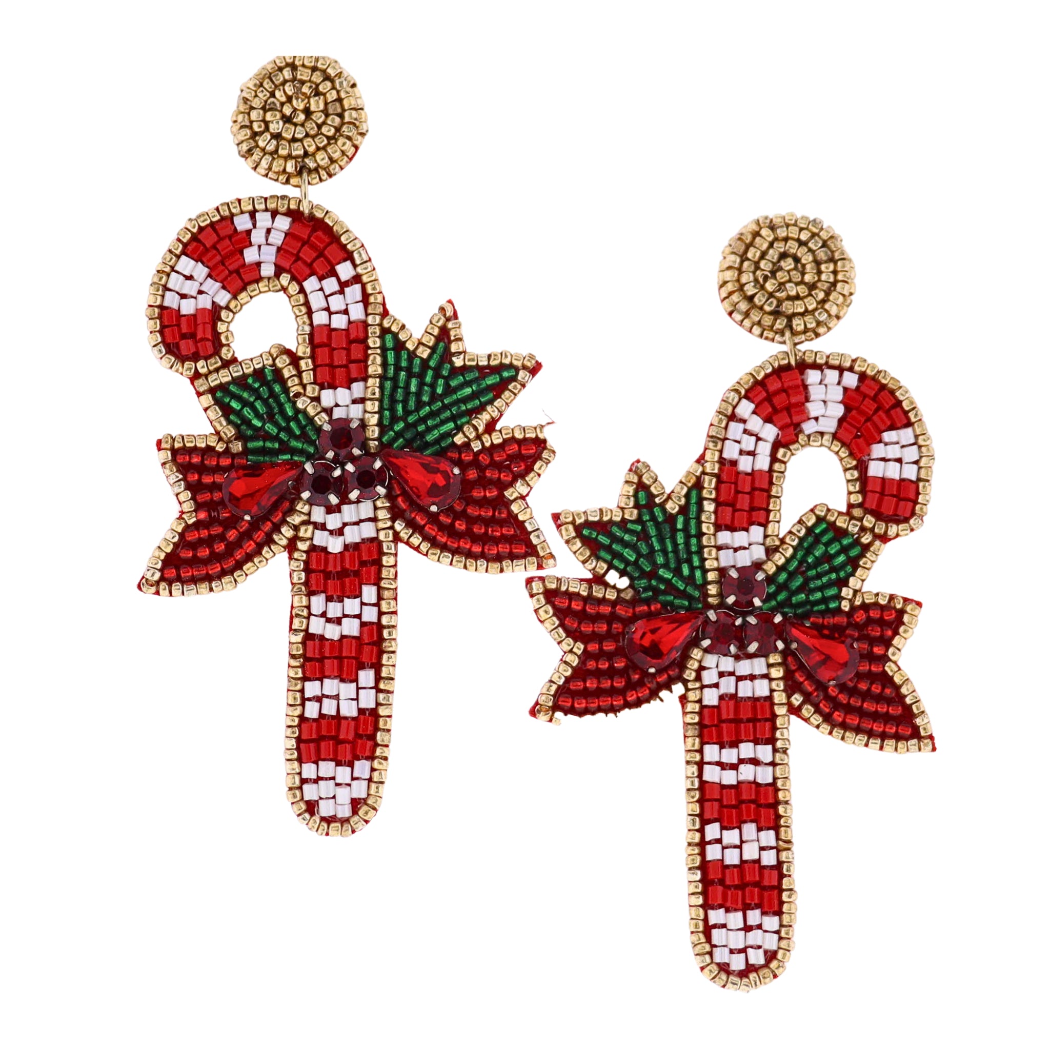 Red, White, Green, & Gold Beaded Candy Cane Earring