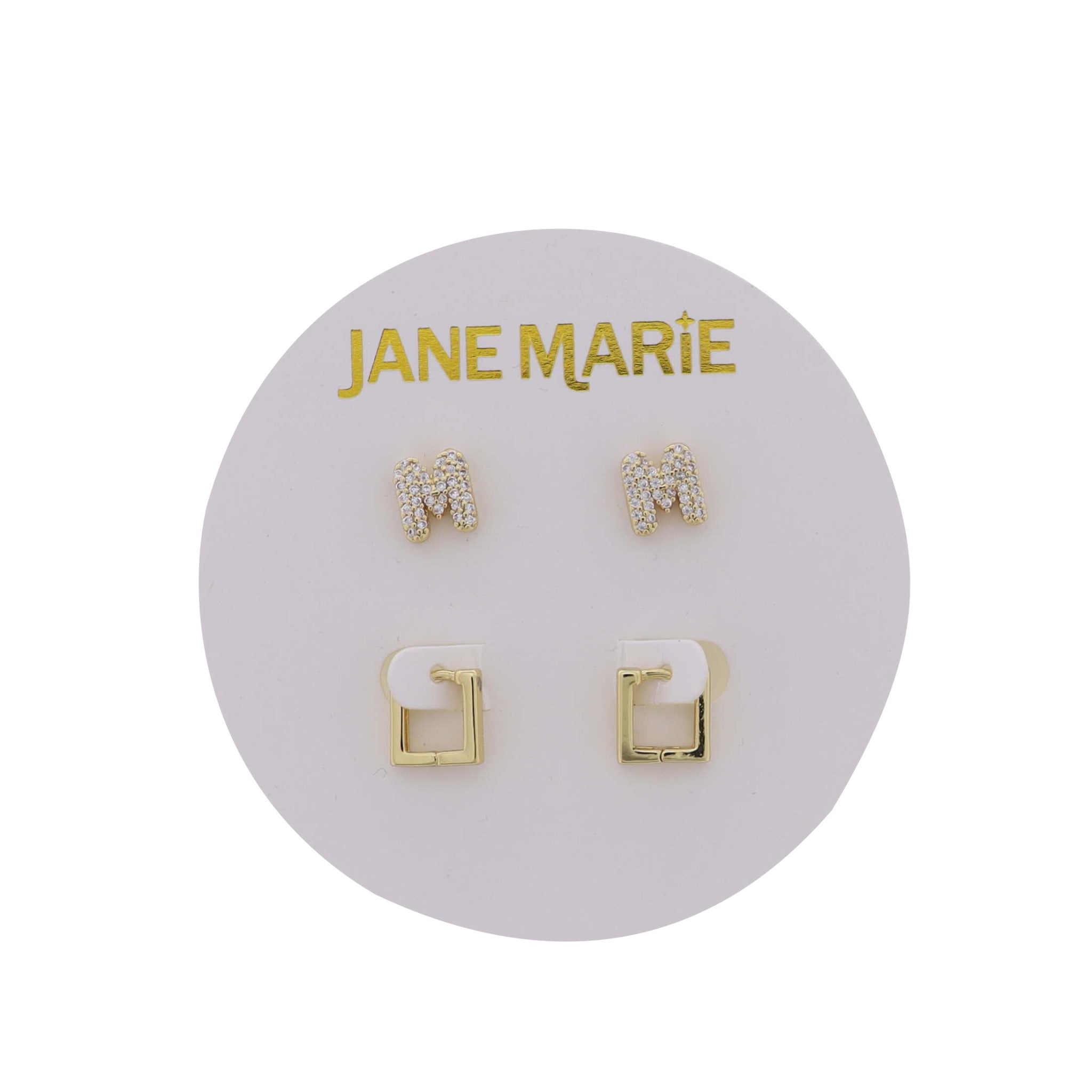 18K Gold Plated Clear Crystal "M" Initial Set of 2, Gold Square Huggie Earring