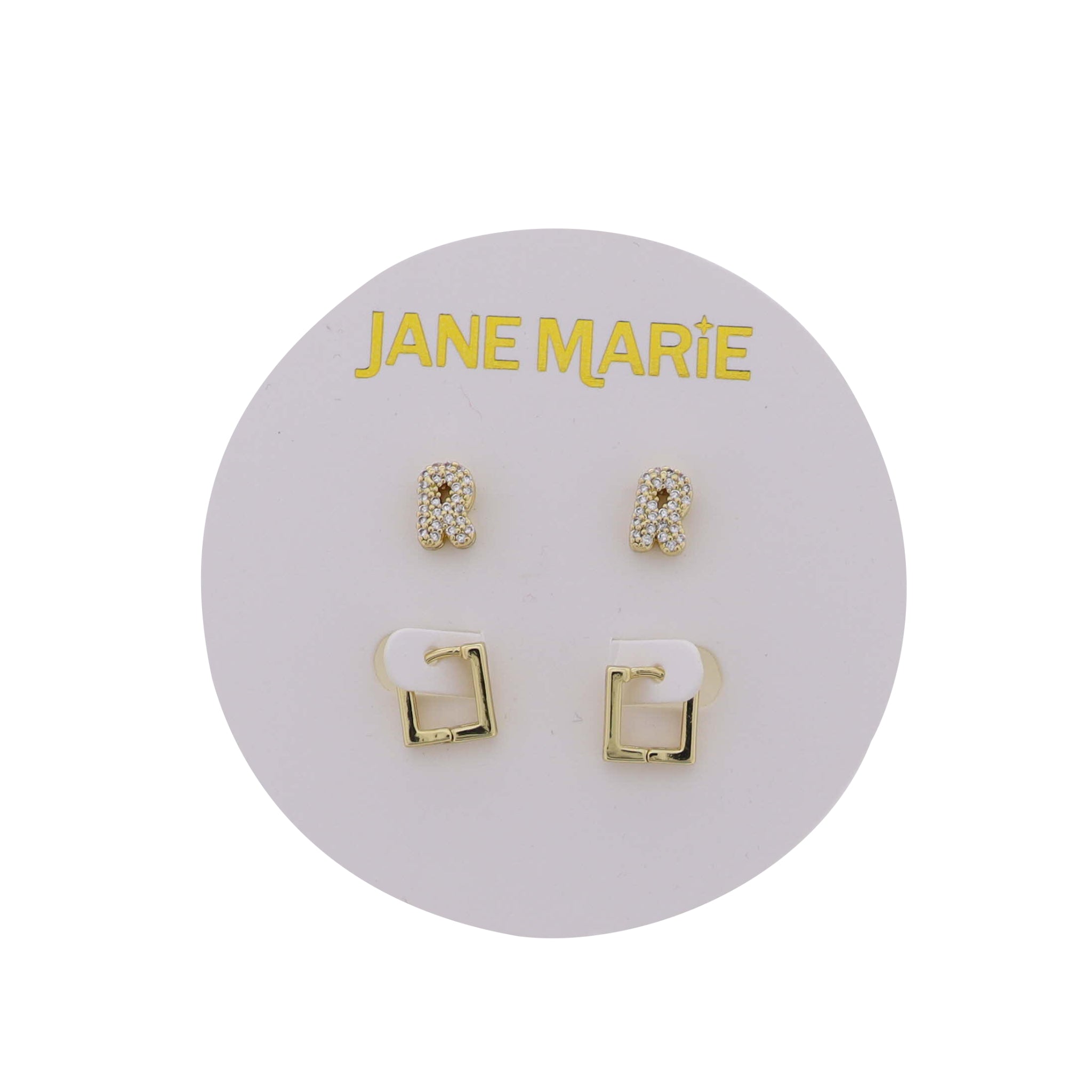 18K Gold Plated Clear Crystal "R" Initial Set of 2, Gold Square Huggie Earring