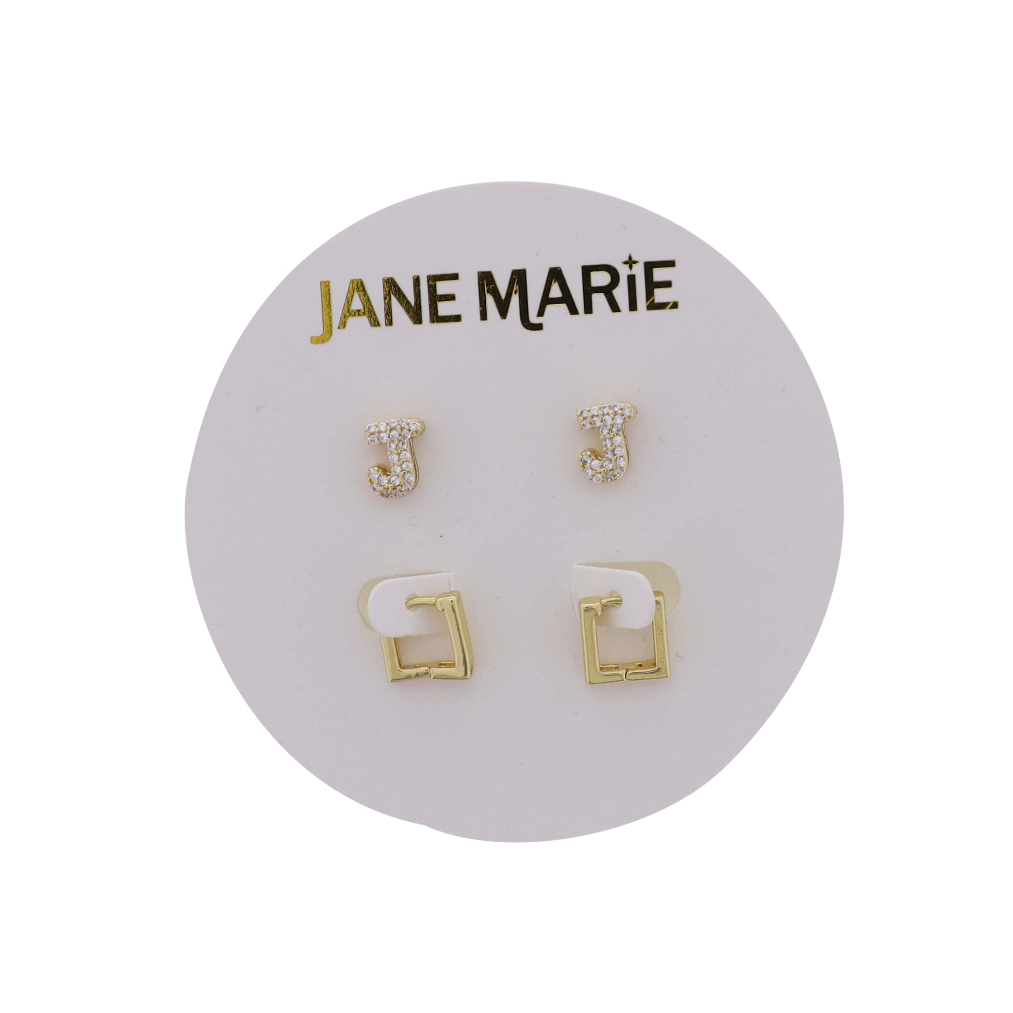 18K Gold Plated Clear Crystal "J" Initial Set of 2, Gold Square Huggie Earring