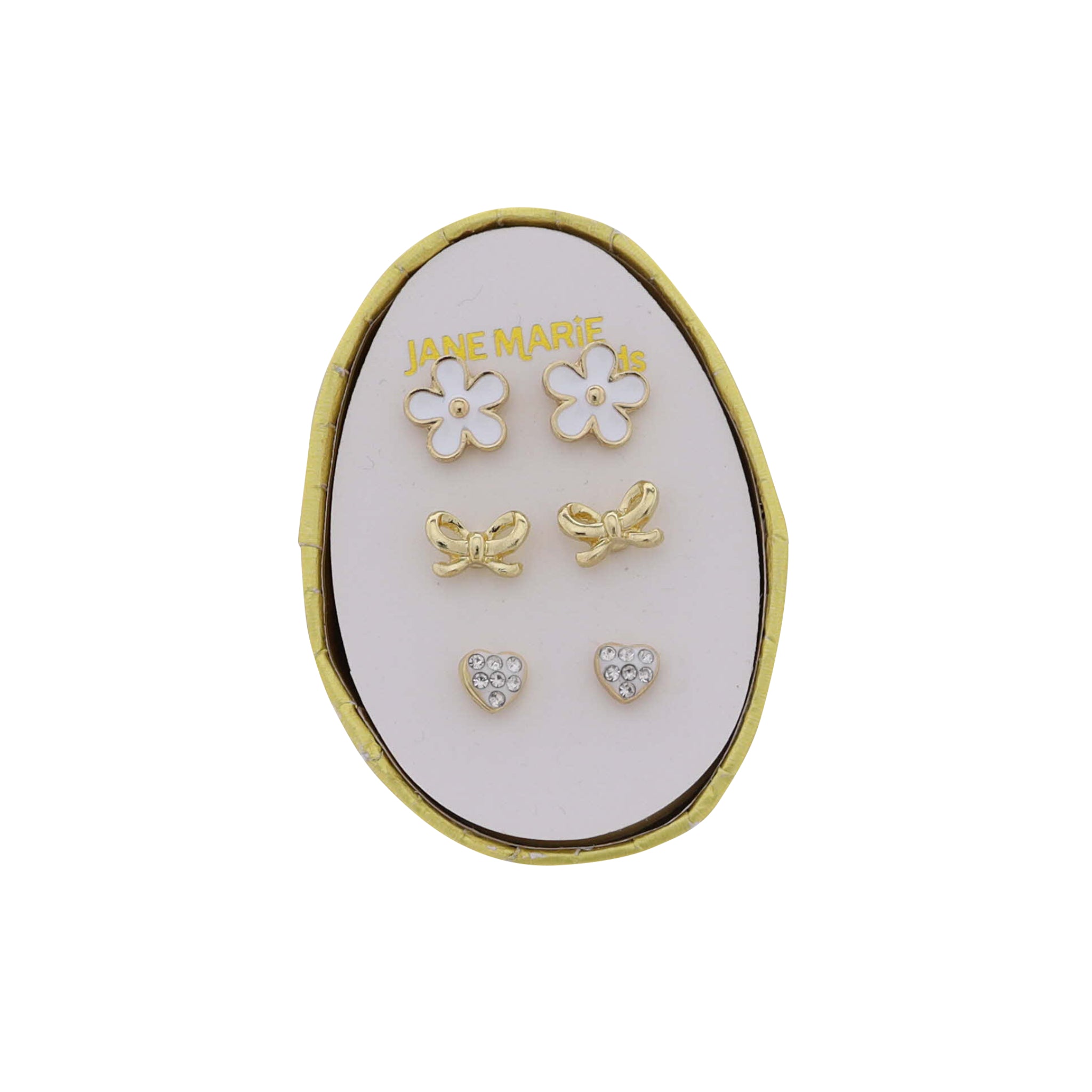 Kids Set of 3 Stud, White Flower, Gold Bow, White Heart Earring