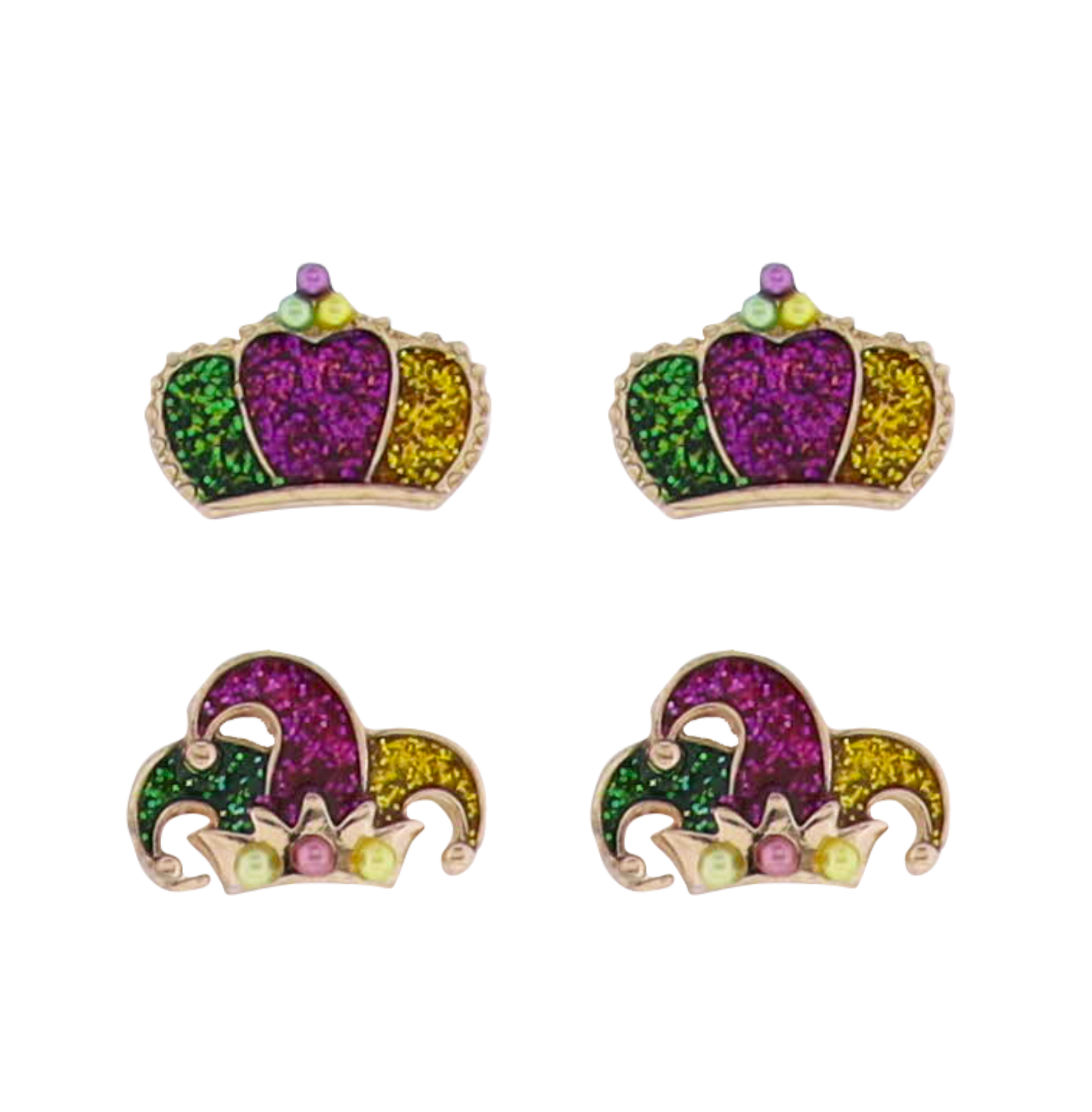 Enamel Set of 2 Purple, Green, Gold Jester Hat, Crown Earrings