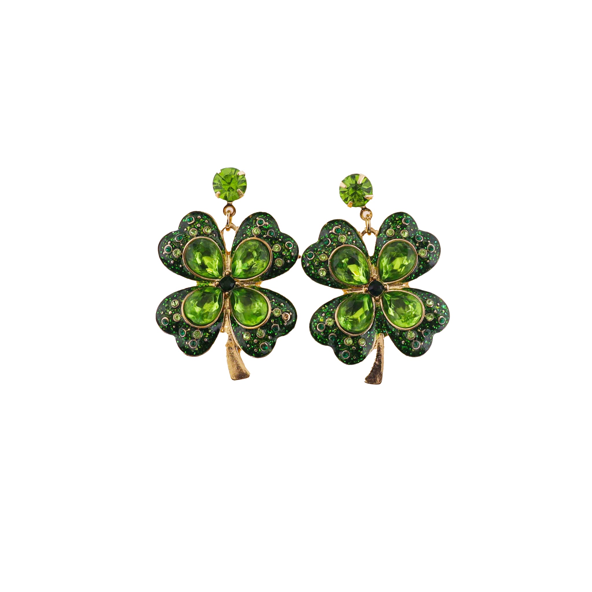 Green Enamel Clover Earrings with Green Crystals
