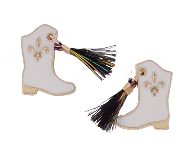 Kids White Mardi Gras Boot & Tassel Earrings
