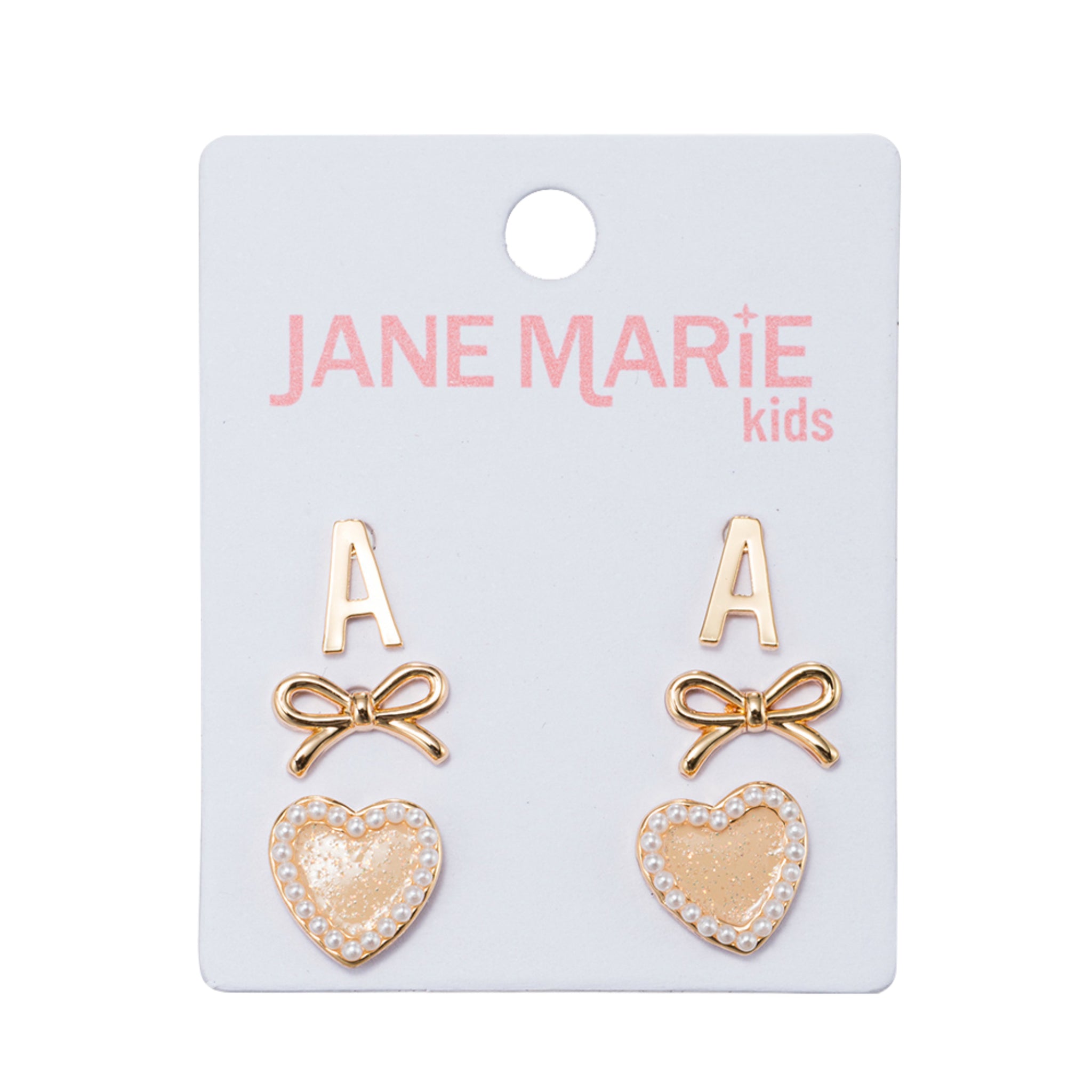 Kids Set of 3 Stud Set, Initial "A", Bow, Glitter Heart with Pearl Edges Earring
