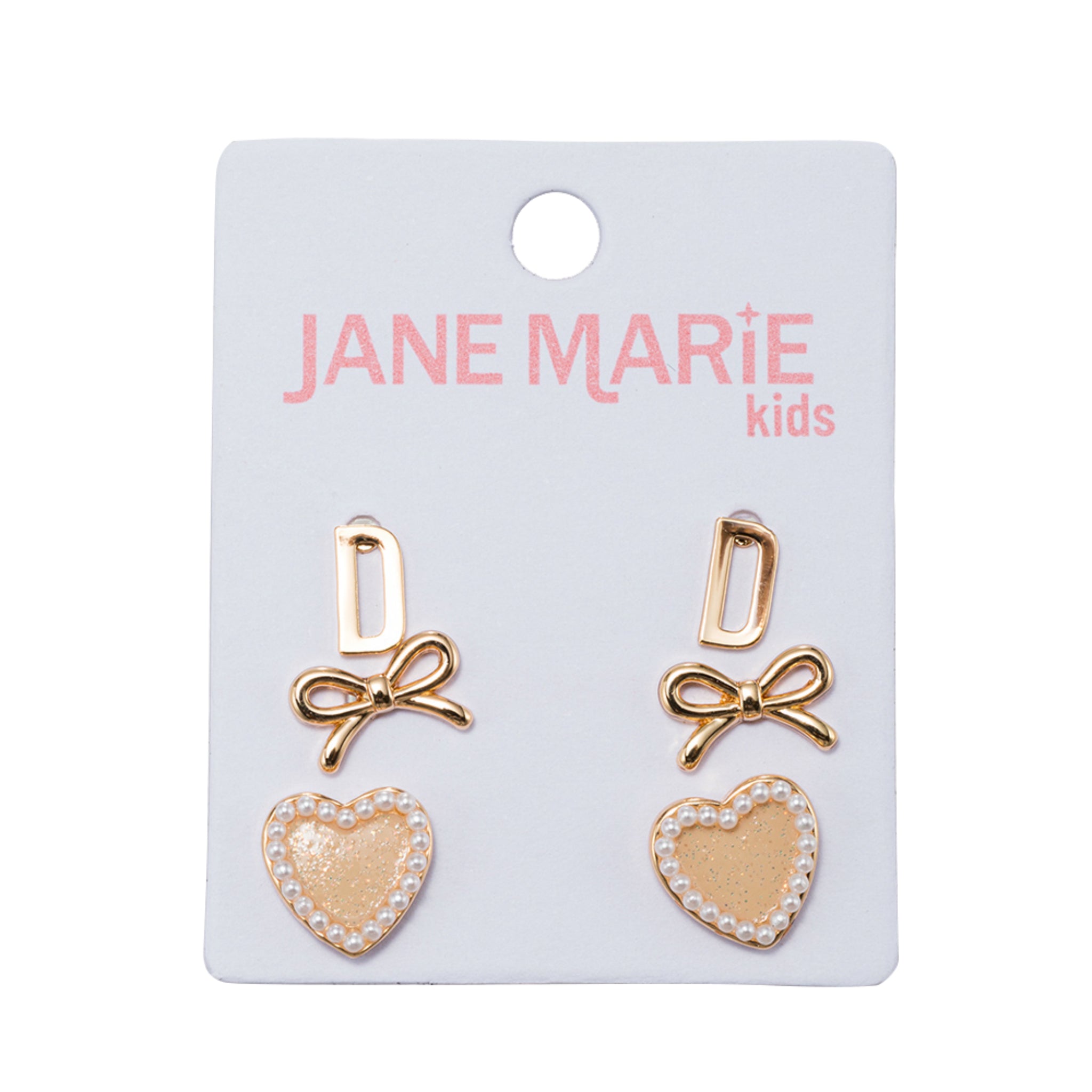 Kids Set of 3 Stud Set, Initial "D", Bow, Glitter Heart with Pearl Edges Earring