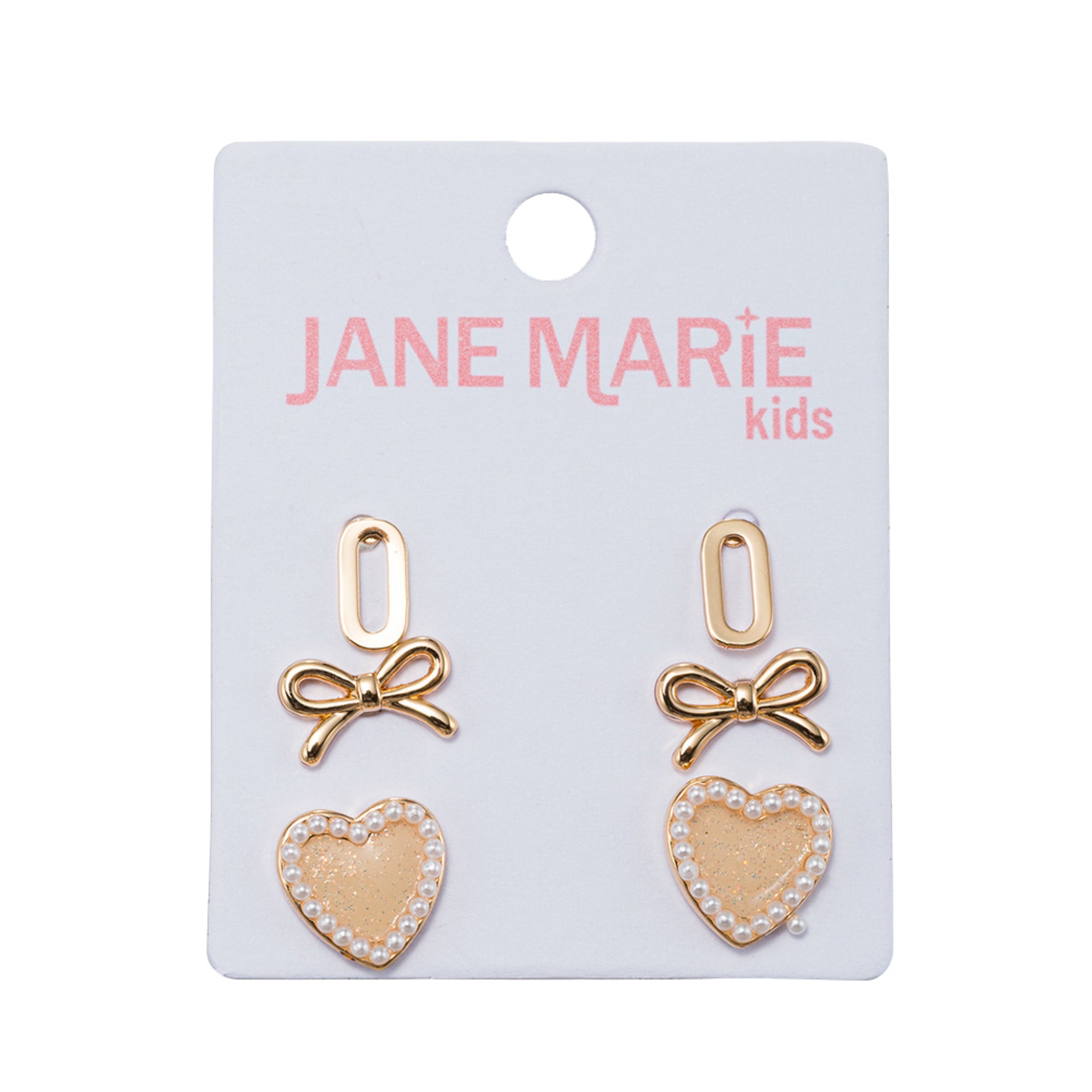 Kids Set of 3 Stud Set, Initial "O", Bow, Glitter Heart with Pearl Edges Earring