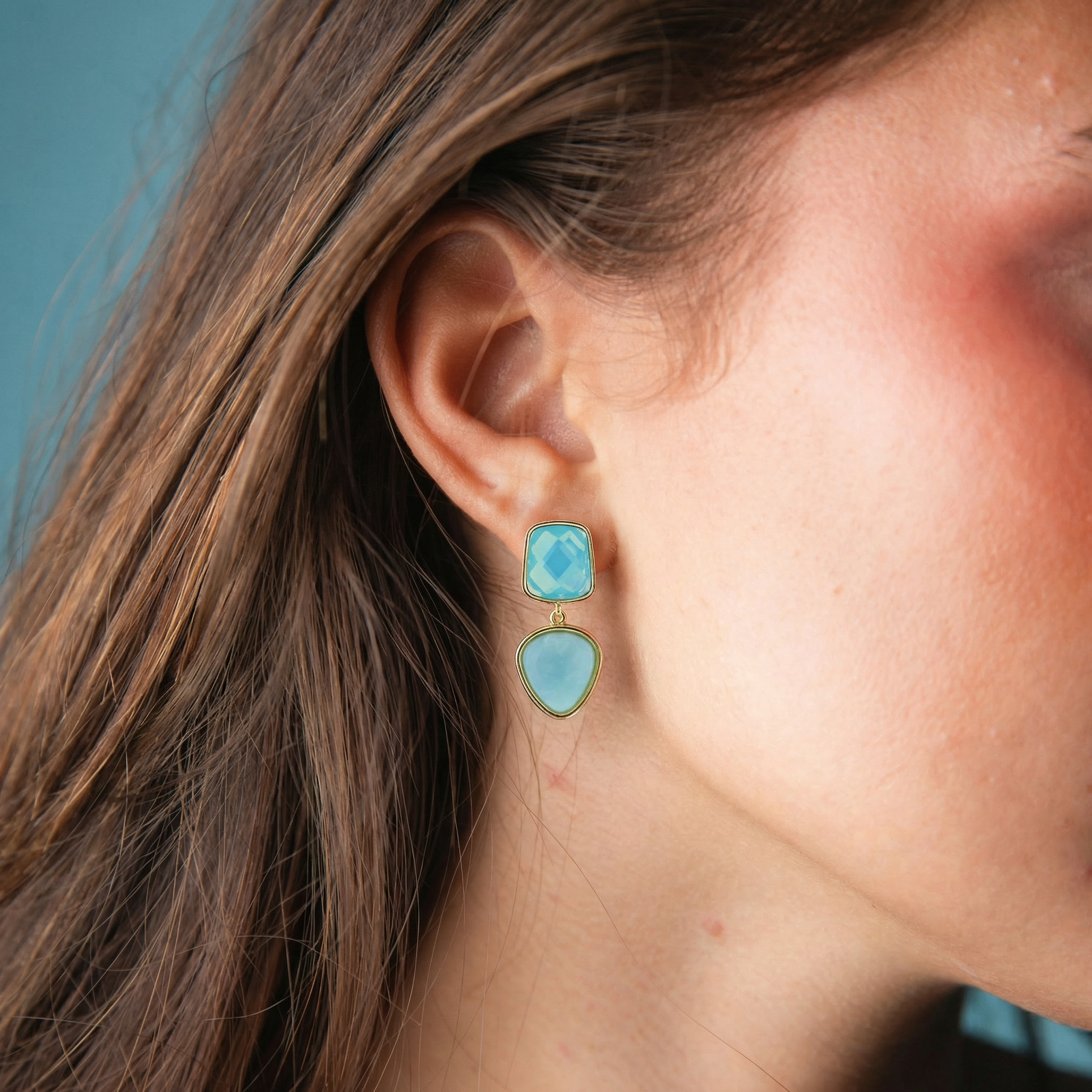 Mint Gemstone Square Post with Mint Rounded Triangle Stone Earring