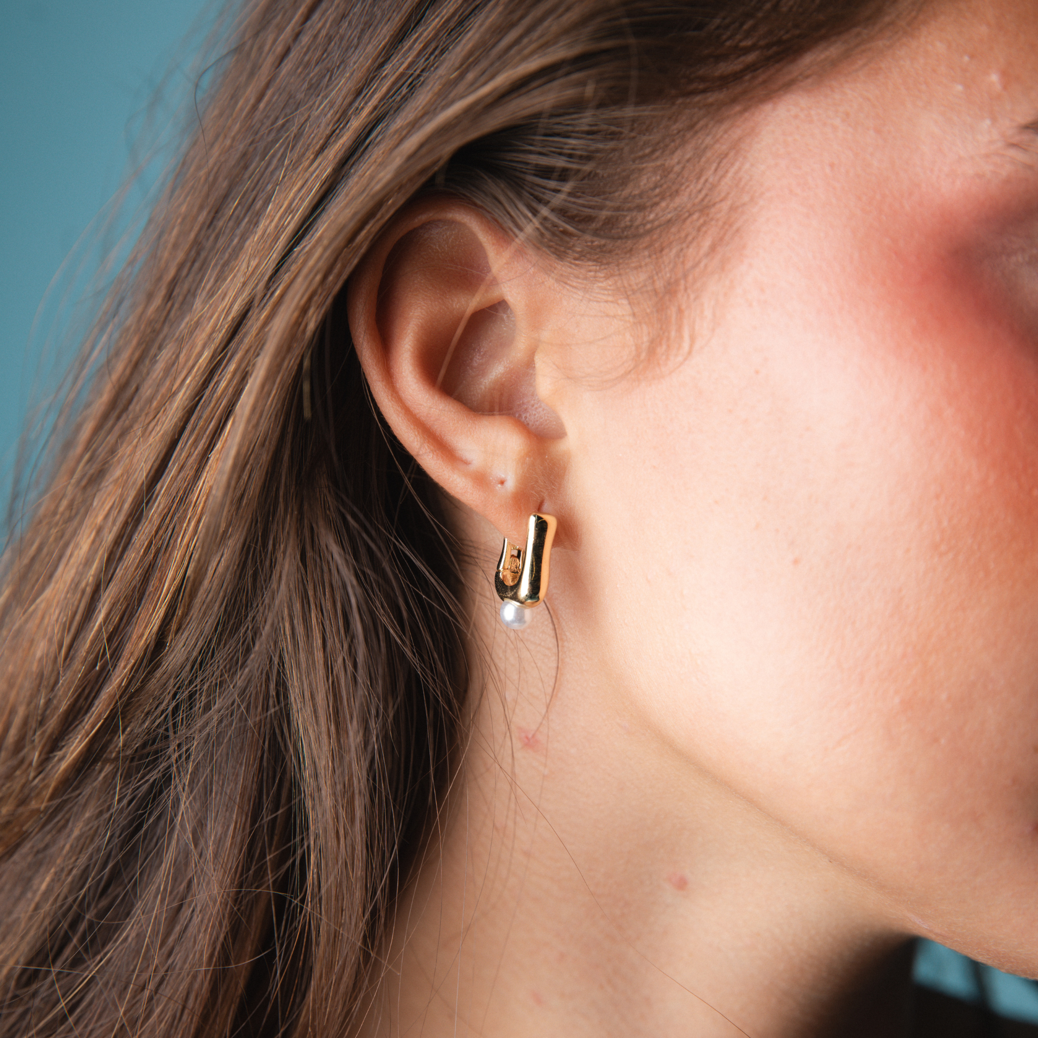 Gold Rectangle Huggie Earring with Single Pearl