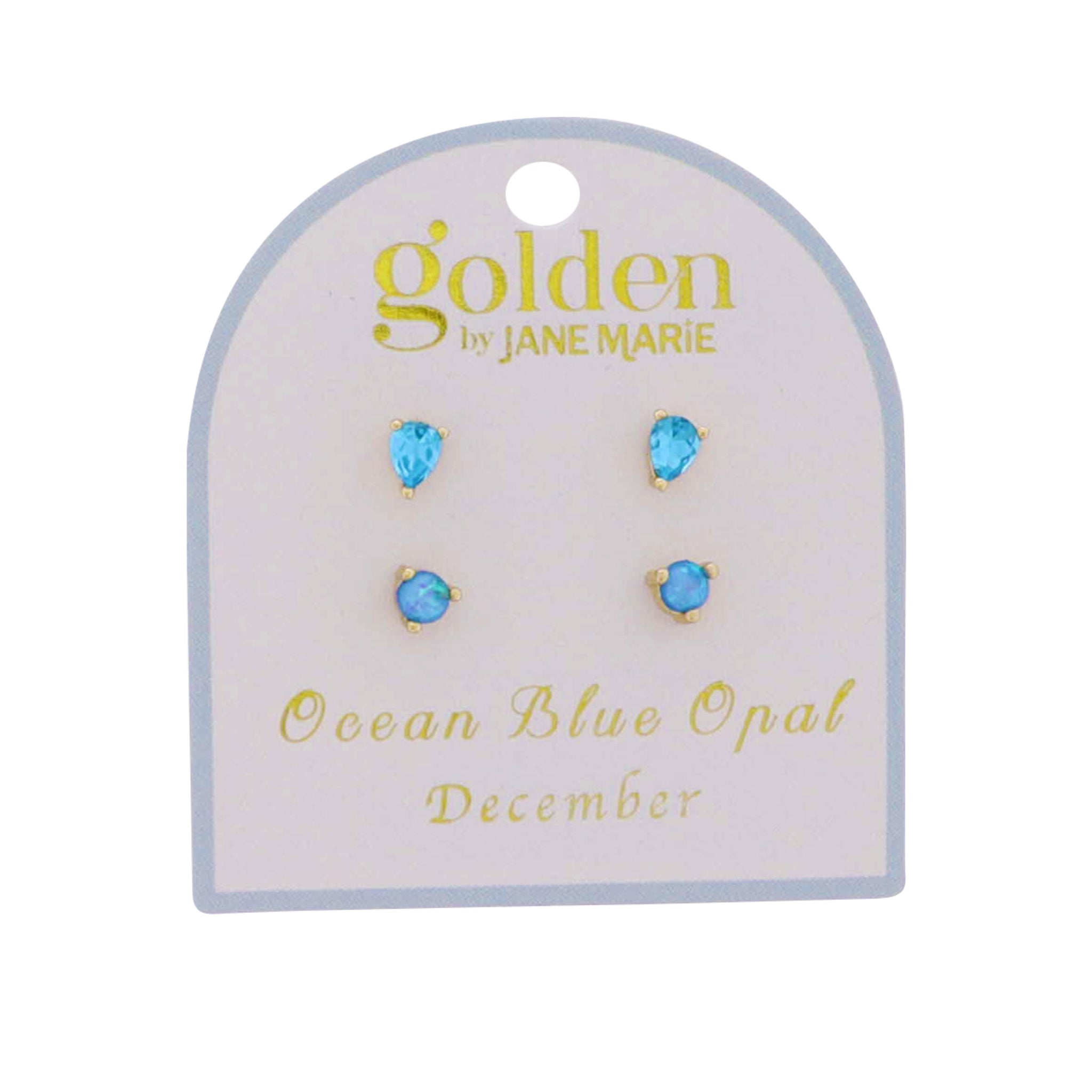 18k Gold Plated Set of 2, December Ocean Blue Opal Stud Earrings