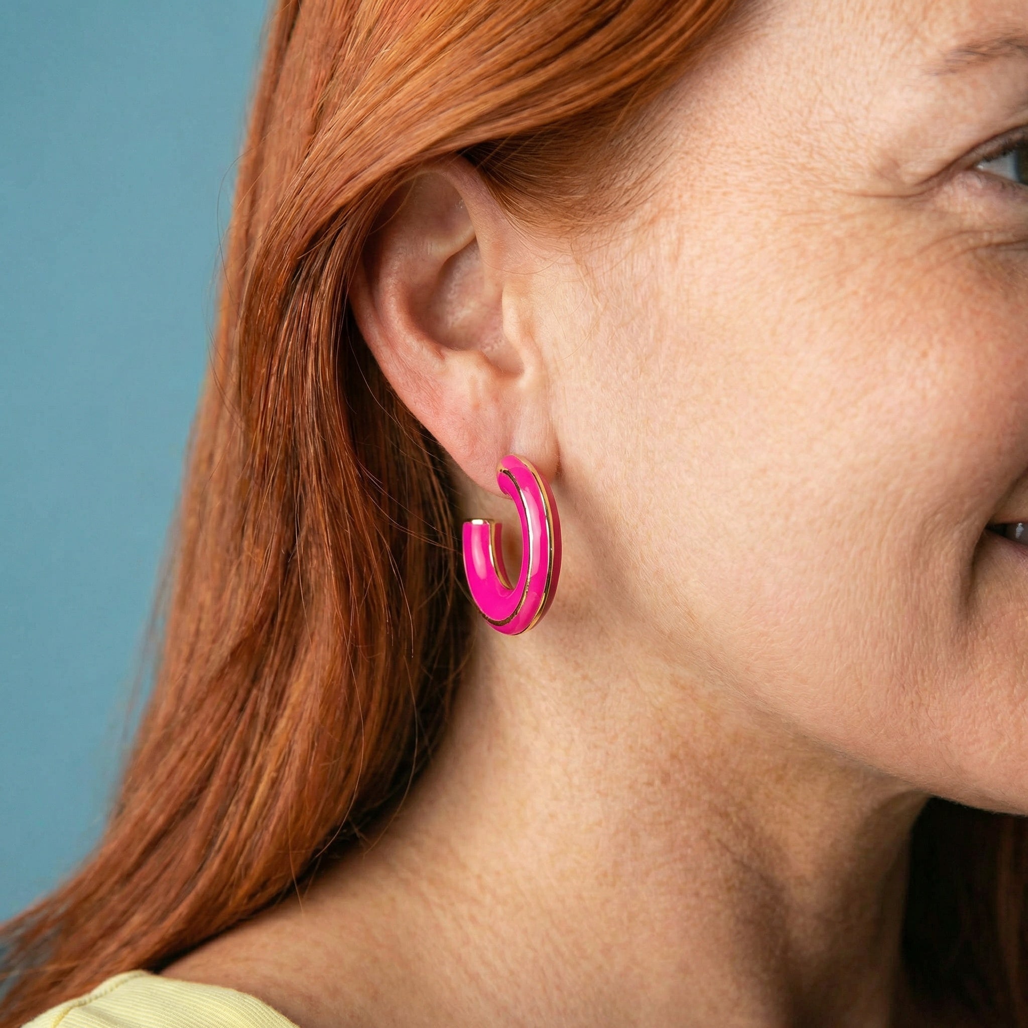Hot Pink Enamel Hoop with Gold Stripe Accent Earring