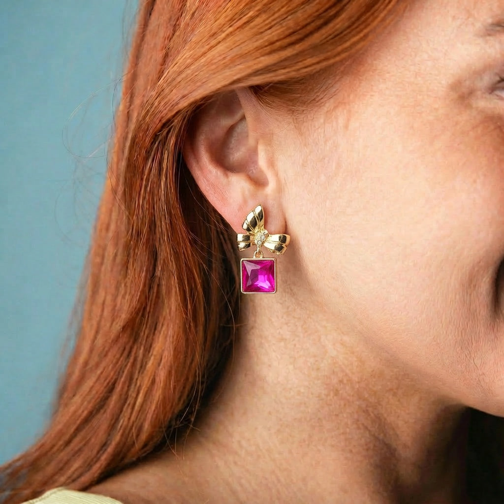 Gold Bow Earring with Hot Pink Square Crystal