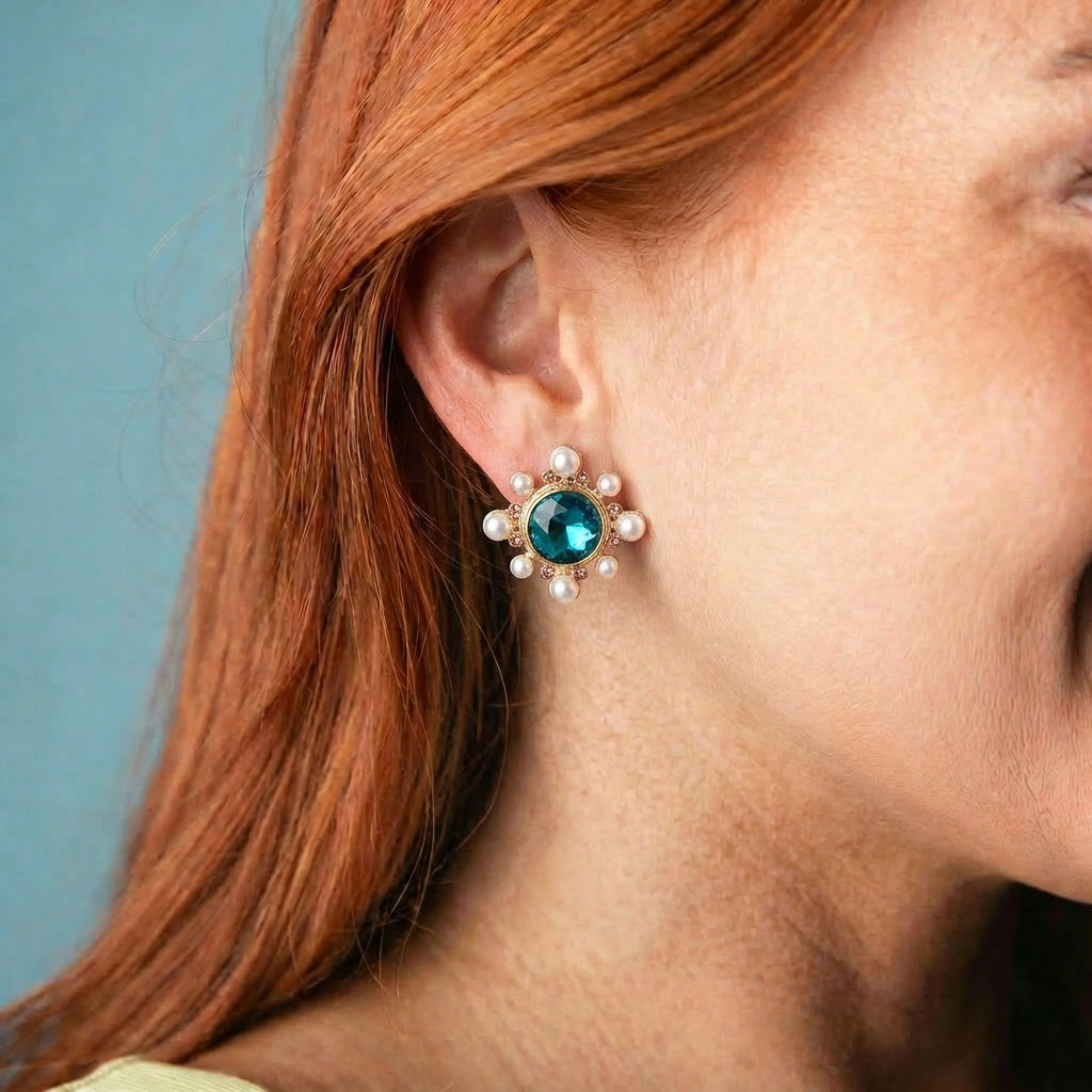 Gold Blue Circle Crystal Earring with Pearl, Pink Outter Studs