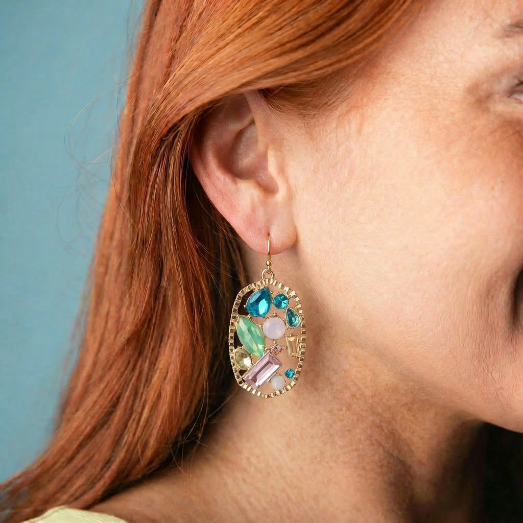 Gold Blue, Pink, Mint, Moonstone Crystal Oval Earring