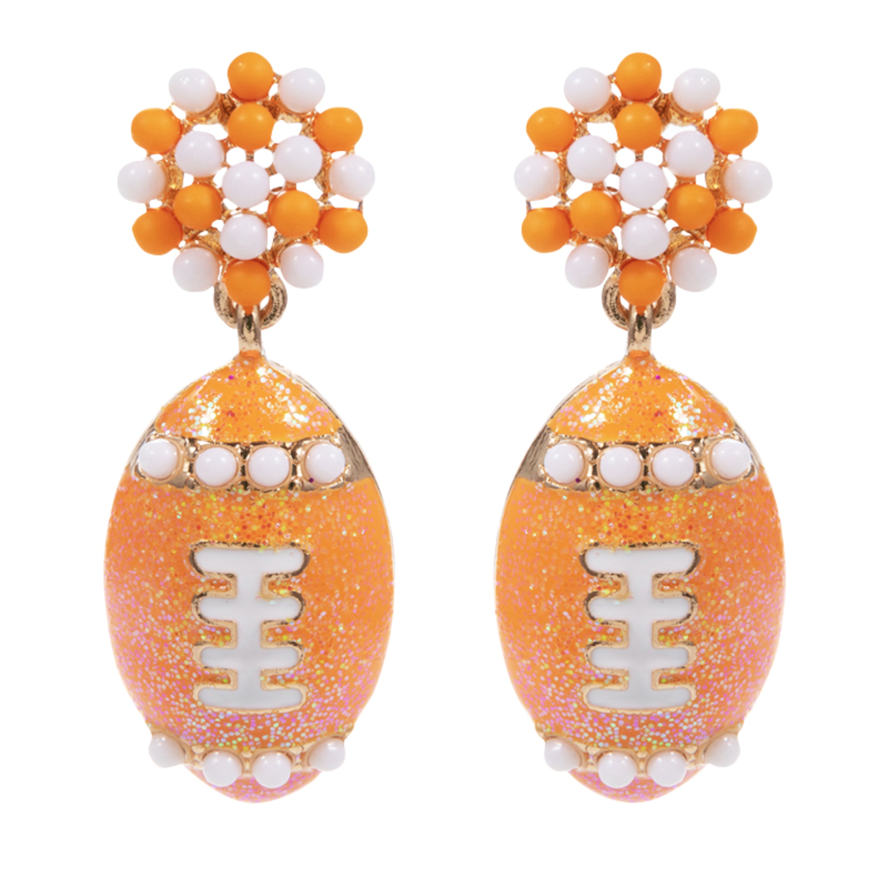 Beaded Post Earring with Orange Enamel Football