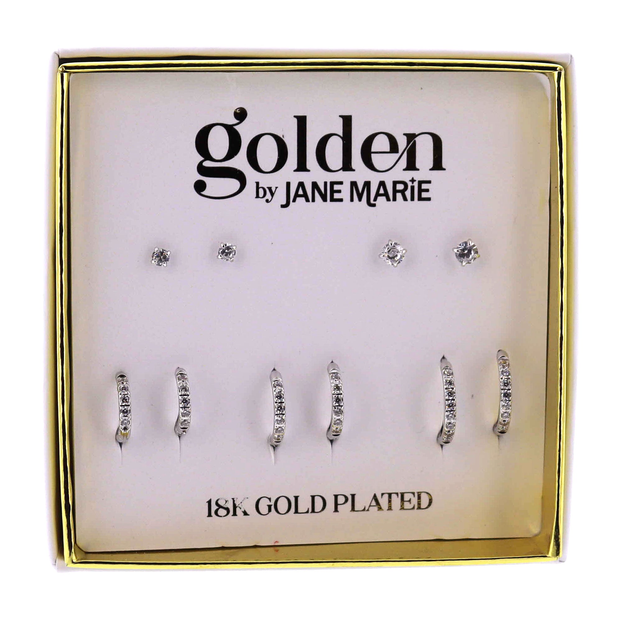 18K Gold Plated 2 Silver Circle Clear Crystal Studs & 3 Silver Huggies with Clear Crystals
