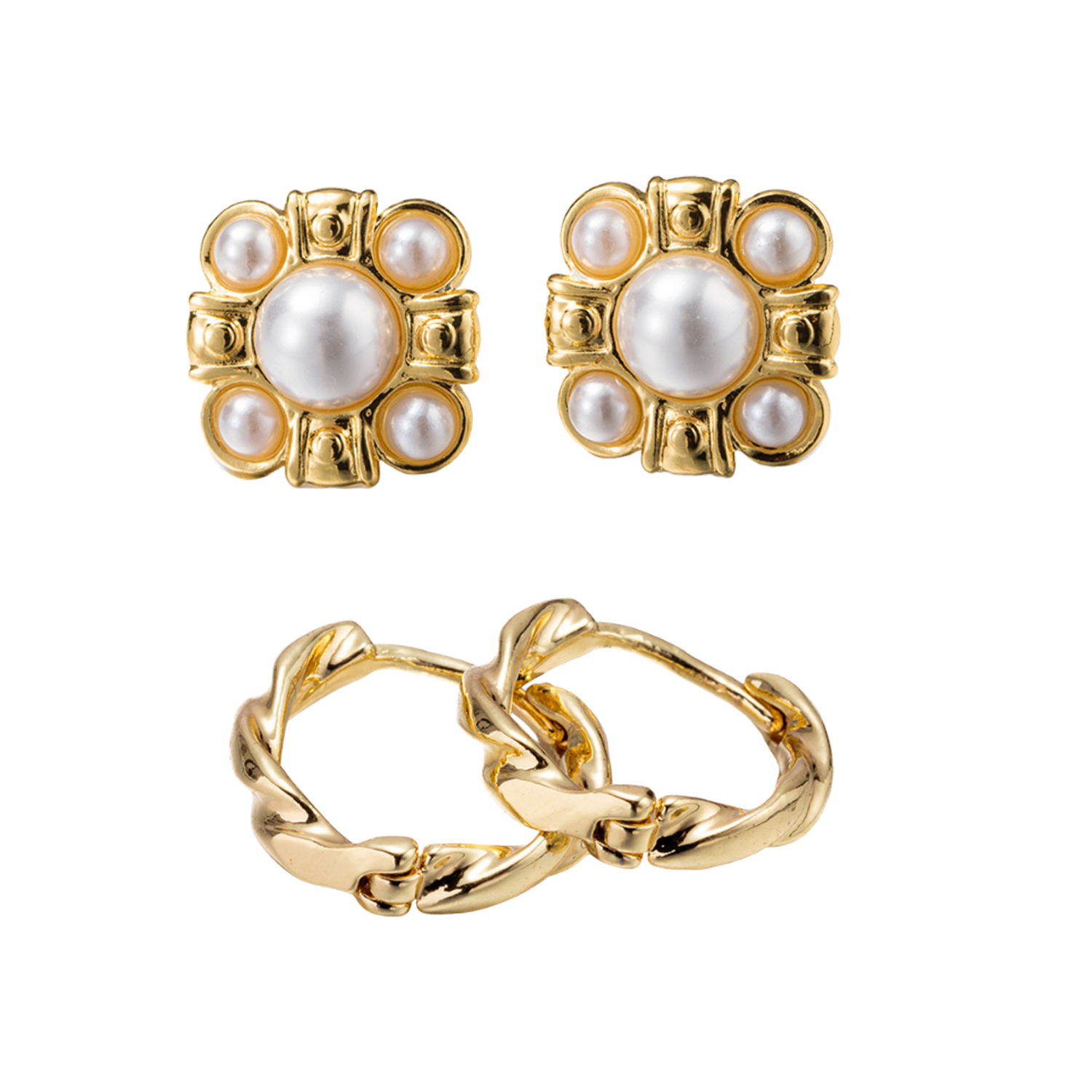 18k Gold Plated Set of 2, Twisted Rope Huggie with Square Pearl Cluster Stud Earring