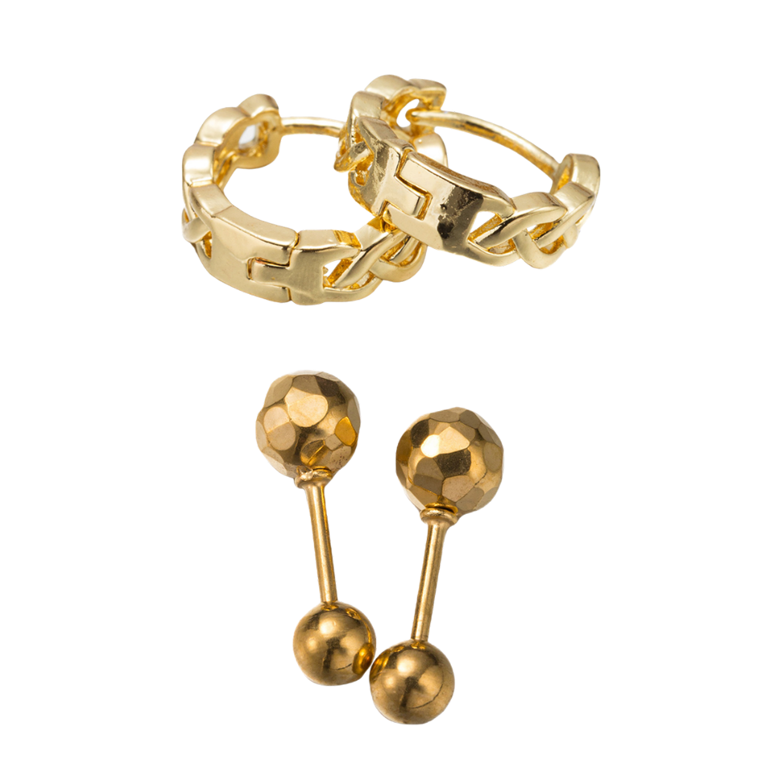 18k Gold Plated Set of 2, Gold Stud with Twisted Line Huggie Earring