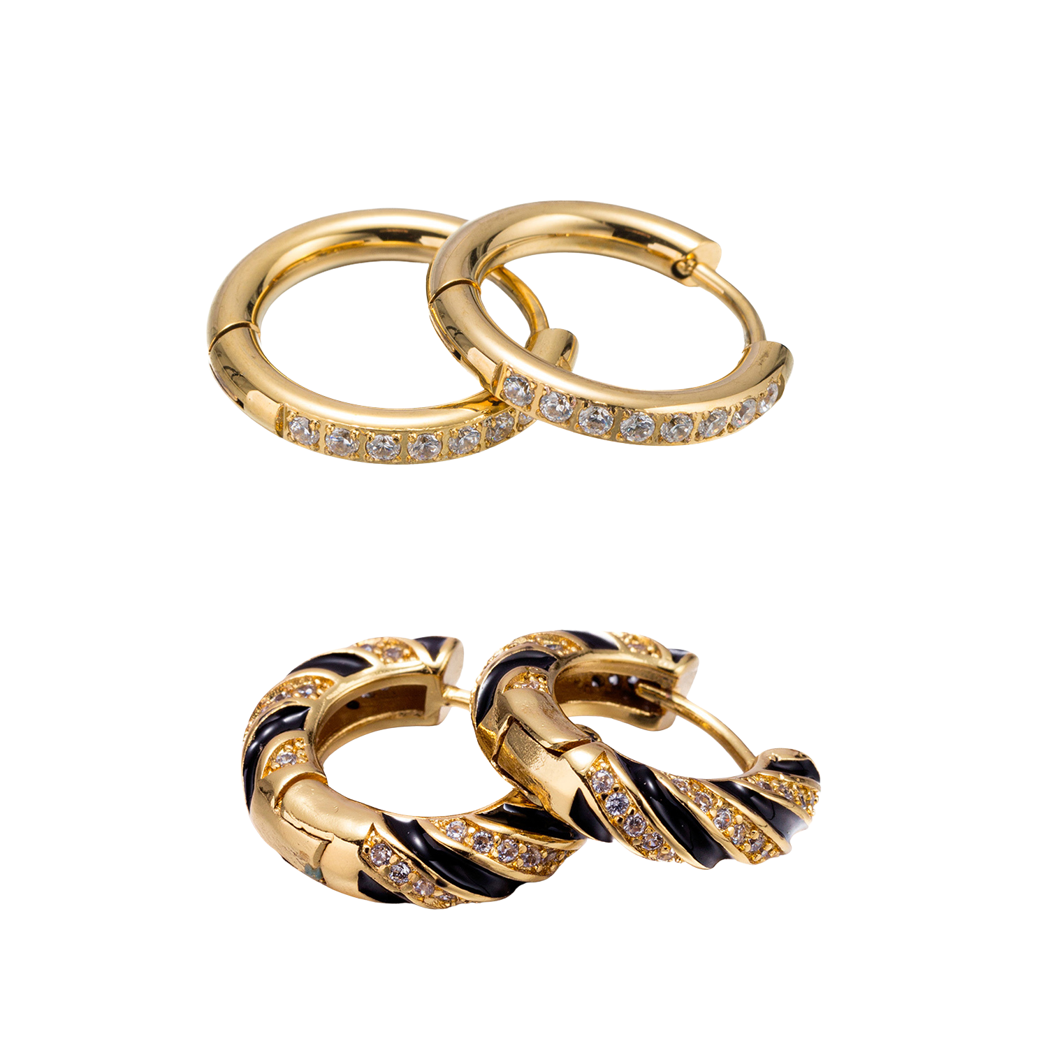 18k Gold Plated Set of 2, Jet Crystal Huggie with Twisted Jet & Clear Crystal Huggie Earring