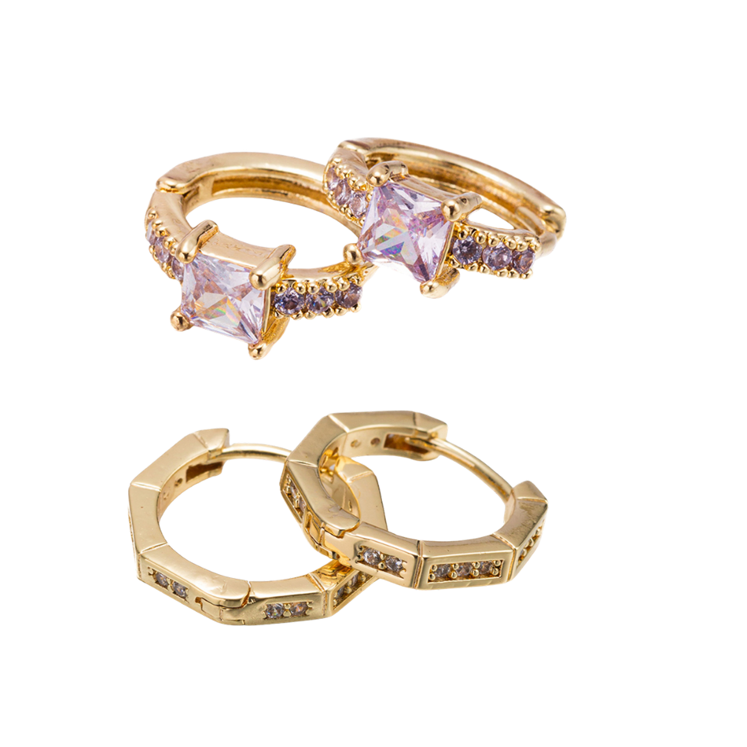 18k Gold Plated Set of 2, Crystal Huggie with Crystal HUggie with Large Square Cryst Earring