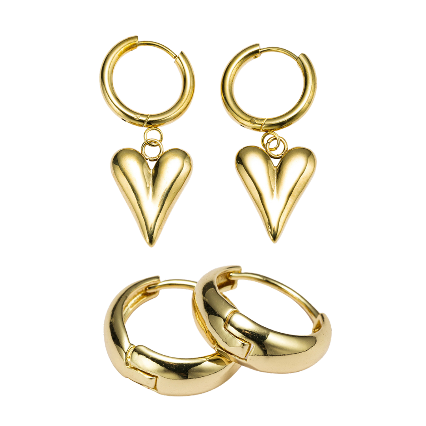 Set of 2, Huggie with Heart, Plain Gold Huggie Earring