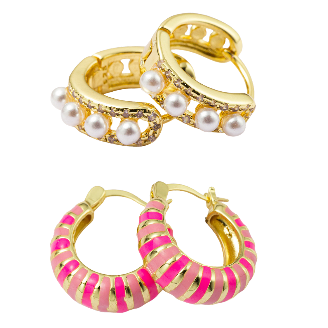 Set of 2, Pearl Huggie, Pink Stripe Huggie Earring