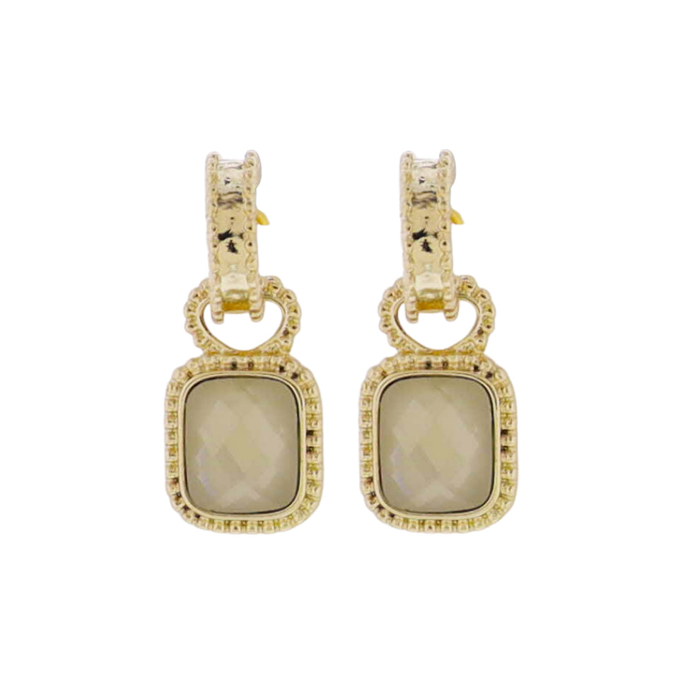 Gold Textured Huggie Earring with Ivory Crystal Square