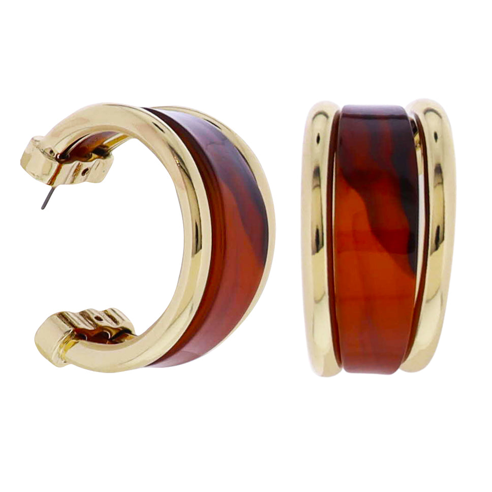 Gold Wide Hoop Earring with Brown Acrylic Center