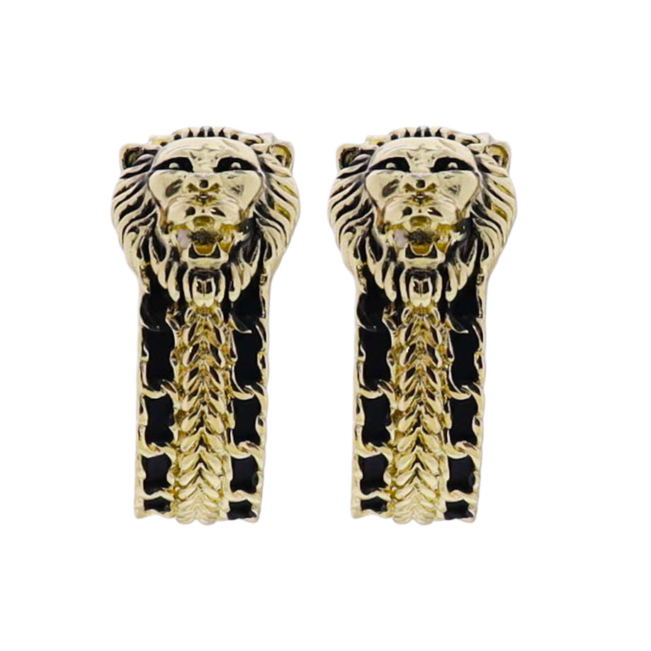 Gold, Black Mid Sized Hoop Earring with Gold Lion Head
