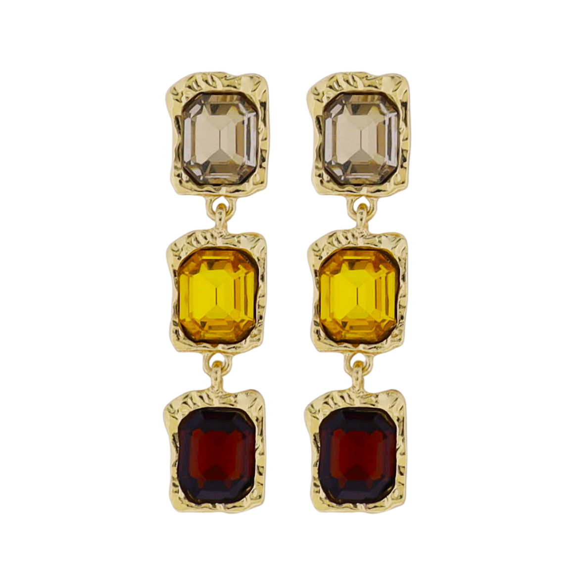 Gold Textured Champagne, Topaz, Amber Crystal Squares Earring