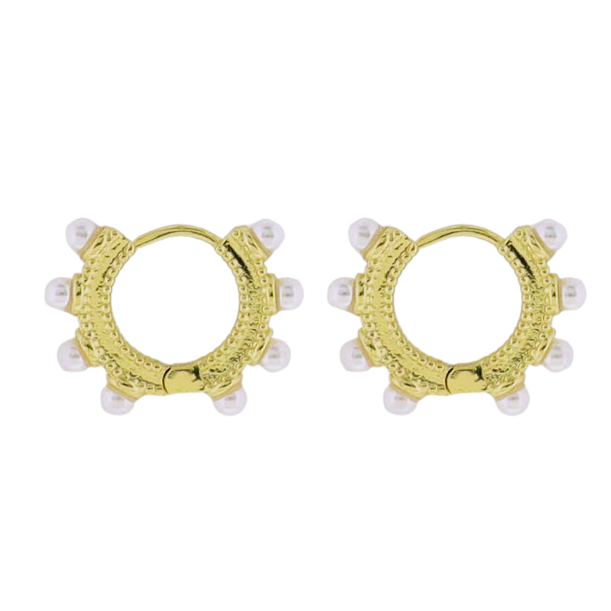 Gold Huggie Earring with Pearl Accents