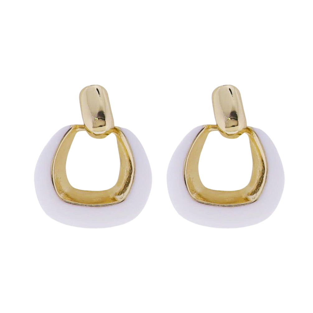 Gold Rectangle Post Earring with White Open Square