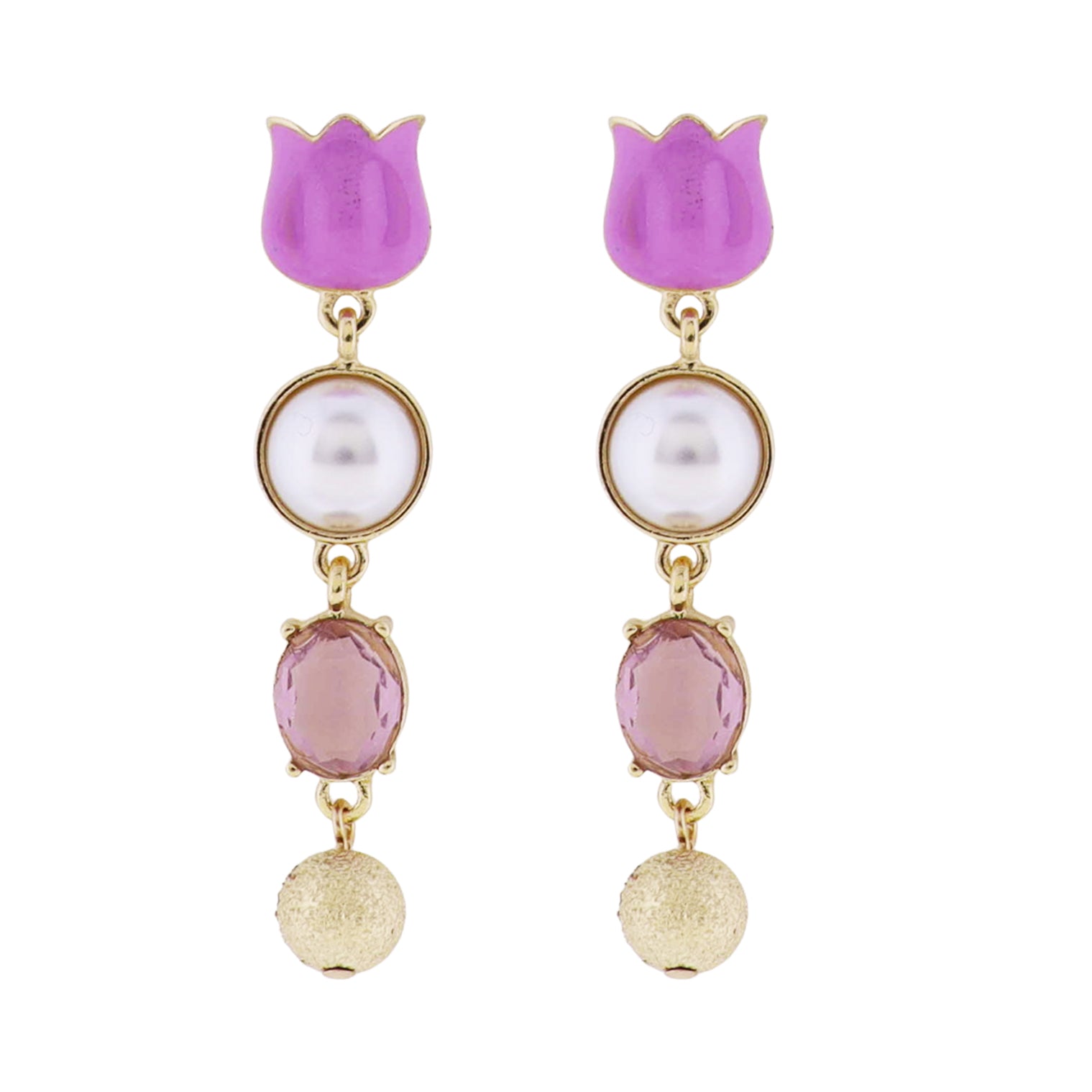 Lavender Tulip Post, Pearl Cabachon, Laven Crystal, Gold Ball Earring