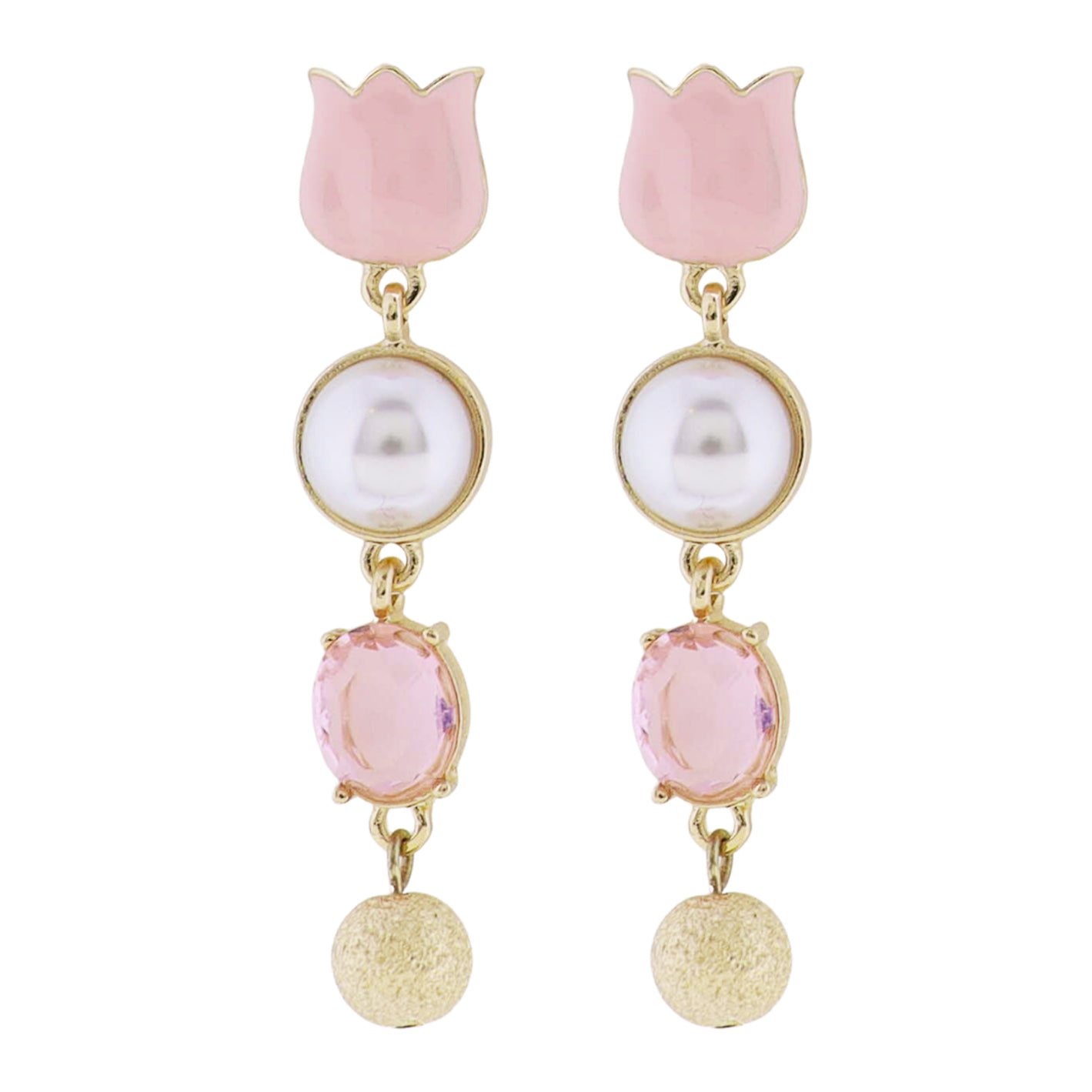 Pink Tulip Post, Pearl Cabachon, Pink Crystal, Gold Ball Earring