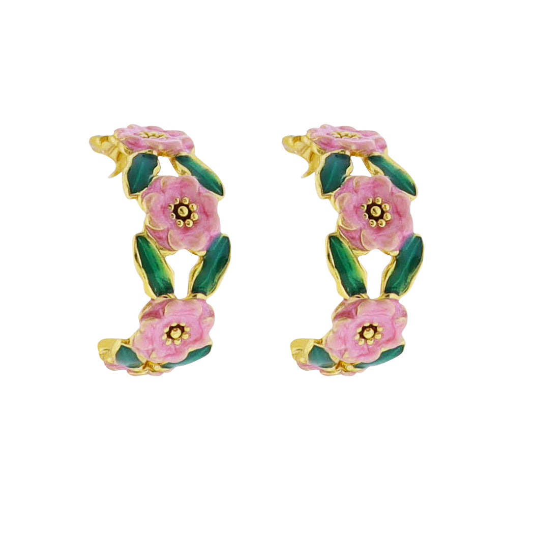 Pink, Green Mid Sized Floral Hoop Earring
