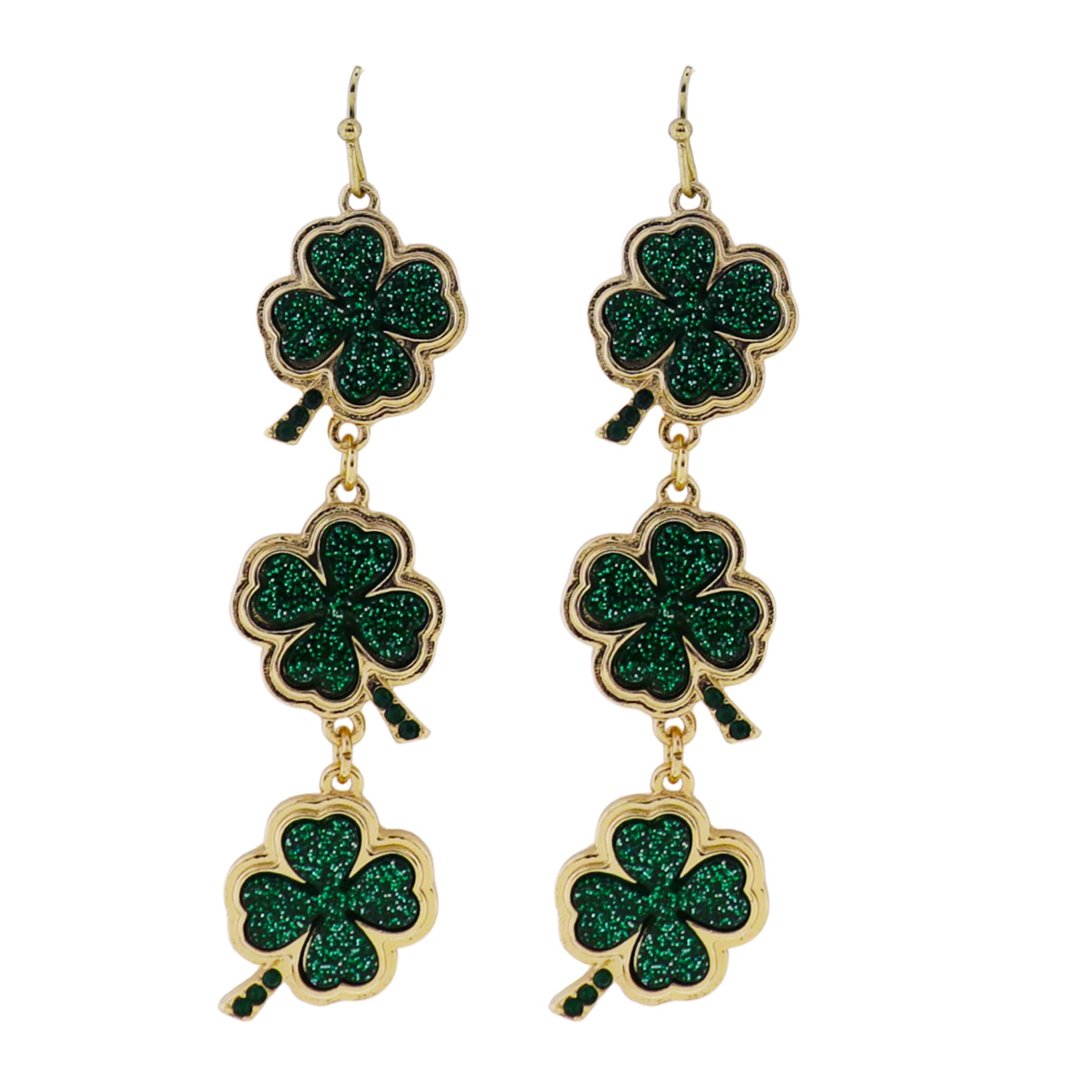 Green Glitter Enamel Descending Shamrocks Earring