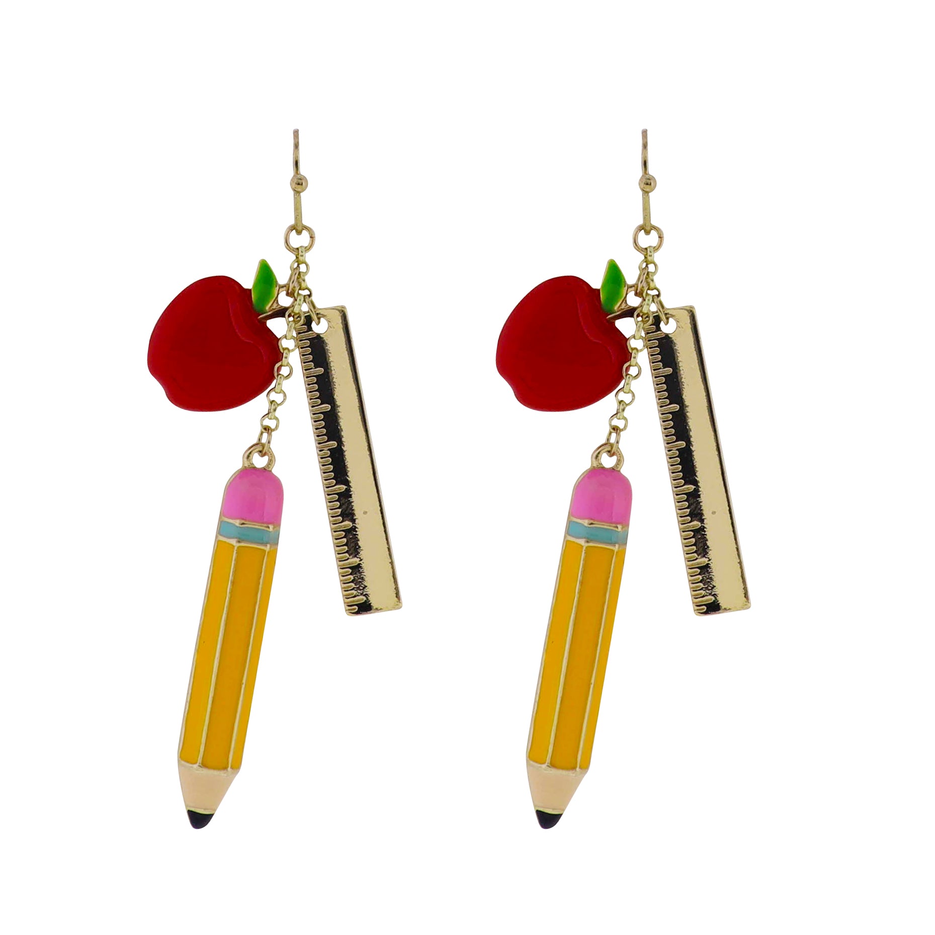 Gold Hook with Red Apple, Pencil, Ruler Earring