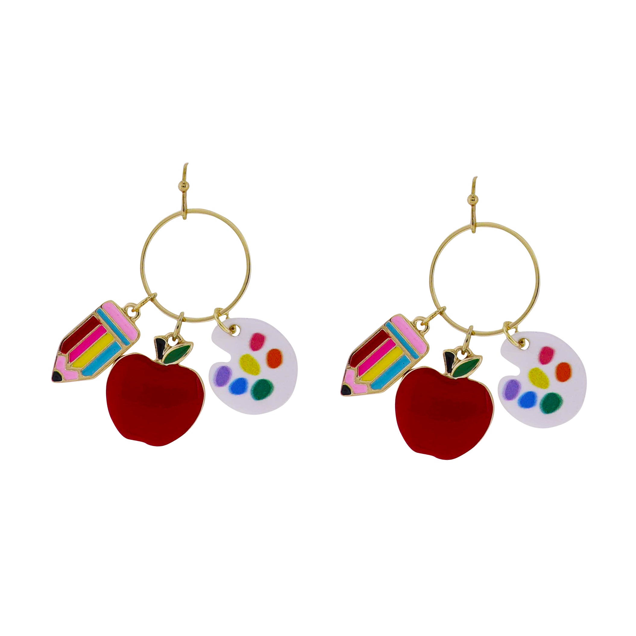 Gold Circle with Art Pallette, Pencil, Apple Earring