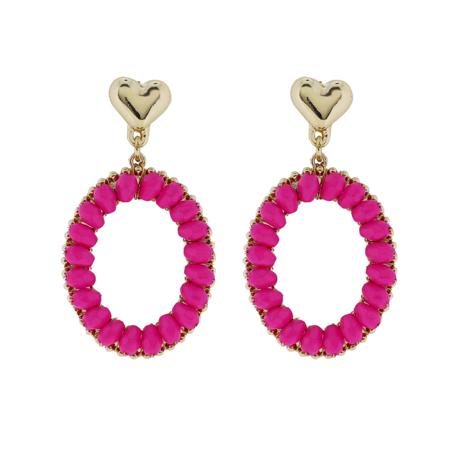 Gold Heart Post Earring with Pink Faceted Beaded Open Oval
