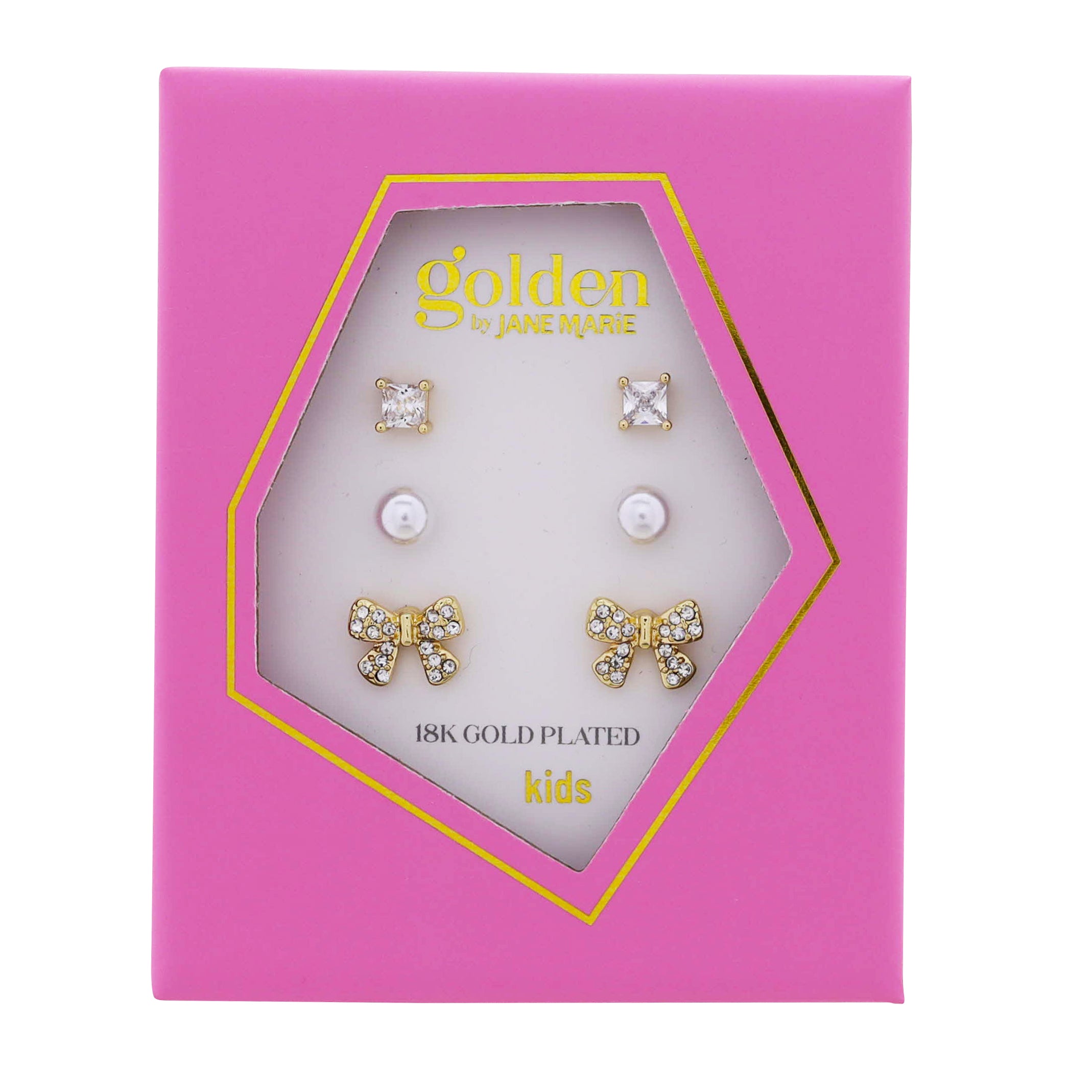 Kids 18k Gold Plated Set of 3, Clear Crystal Square, Pearl, Crystal Bow Earring