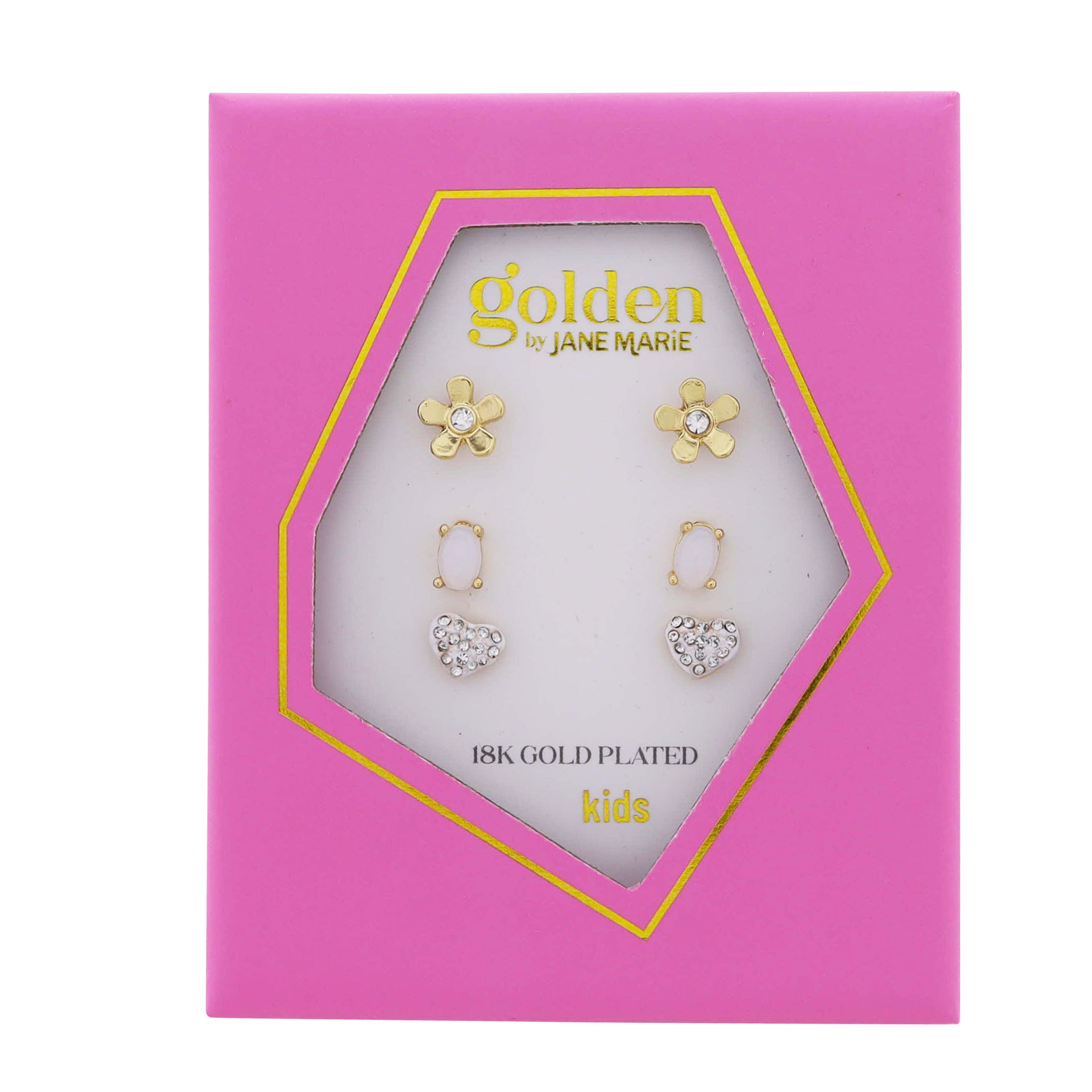 Kids 18k Gold Plated Set of 3, Flower, Opal Oval, White Heart with Crystals Earring