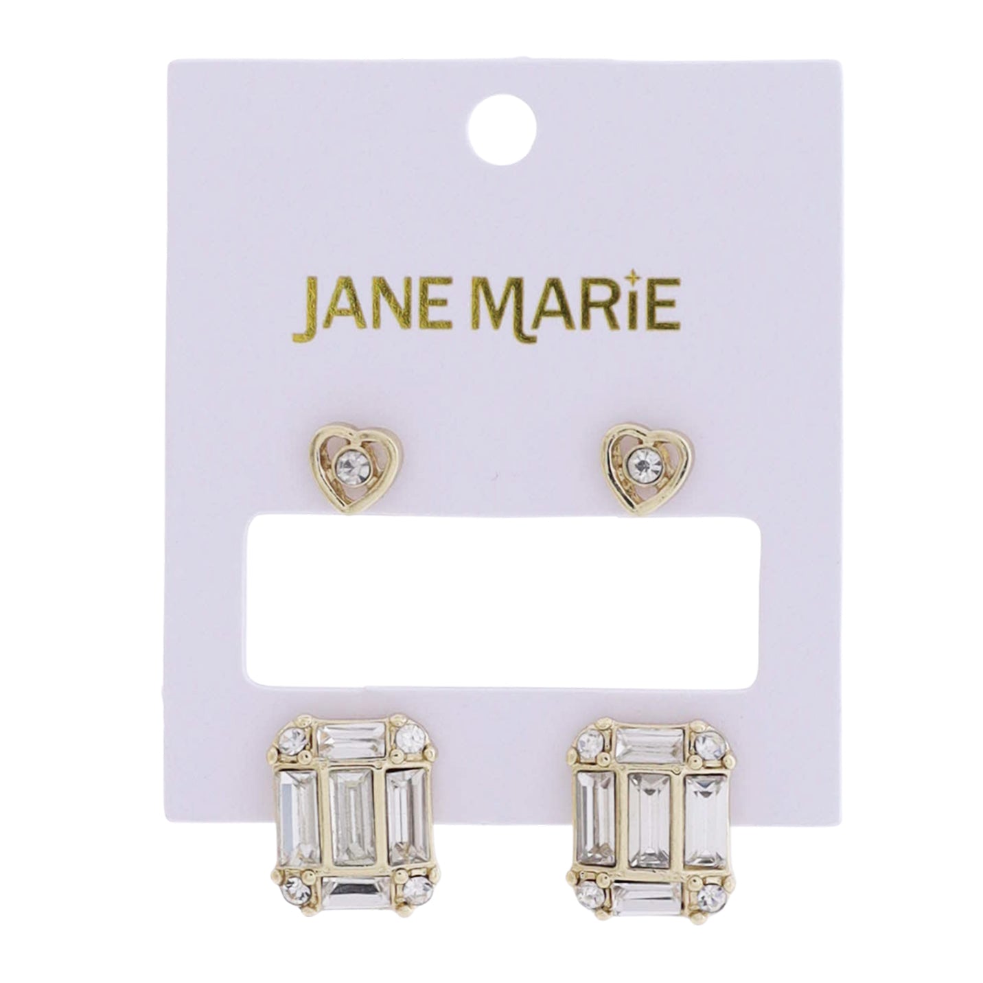 Gold Heart with Clear Center Crystal, Large Clear Crystal Square Set of 2 Earring