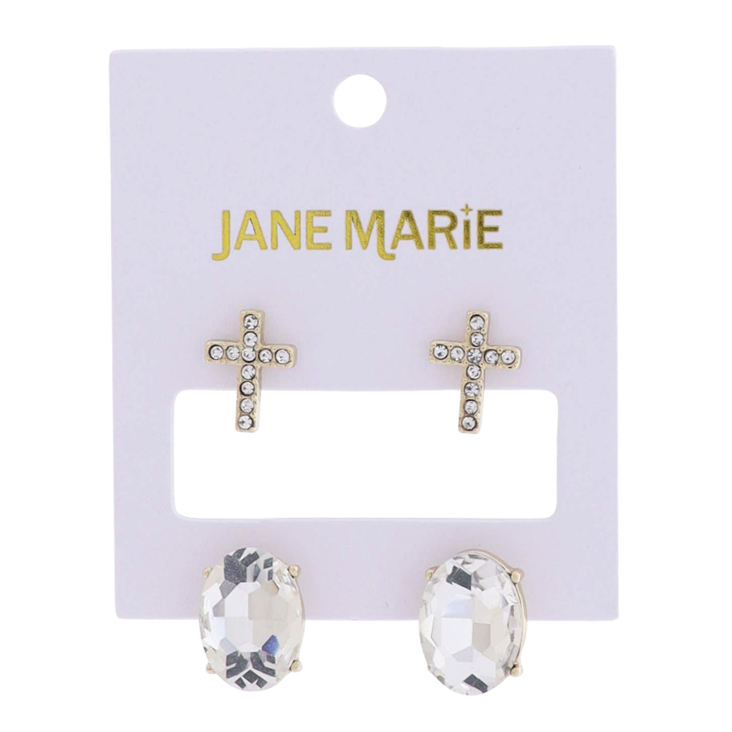 Gold Clear Crystal Cross, Large Clear Crystal Oval Set of 2 Earring