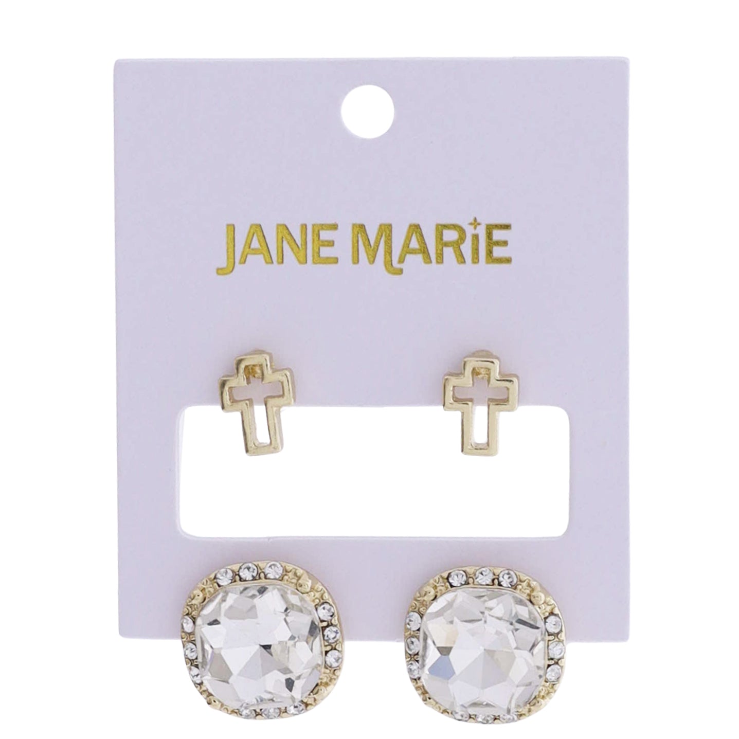Gold Open Cross, Clear Crystal Rounded Square with Crystal Outter Edges Set of 2 Earring