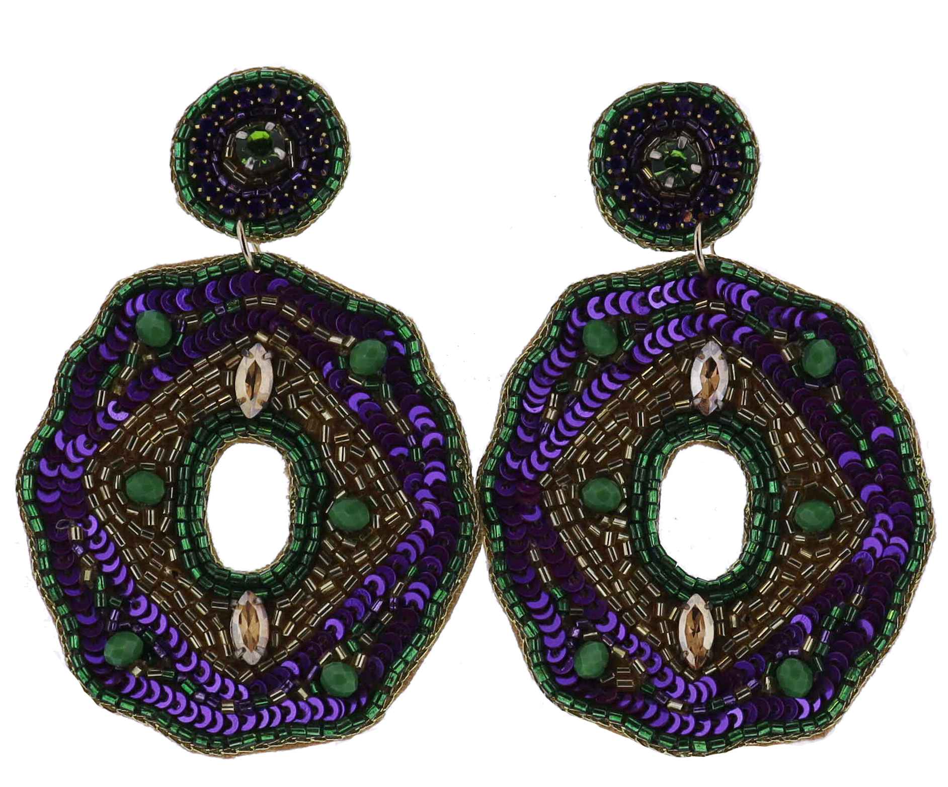 Purple, Green, Gold Beaded Circle Post with Ornate Open Circle Earring