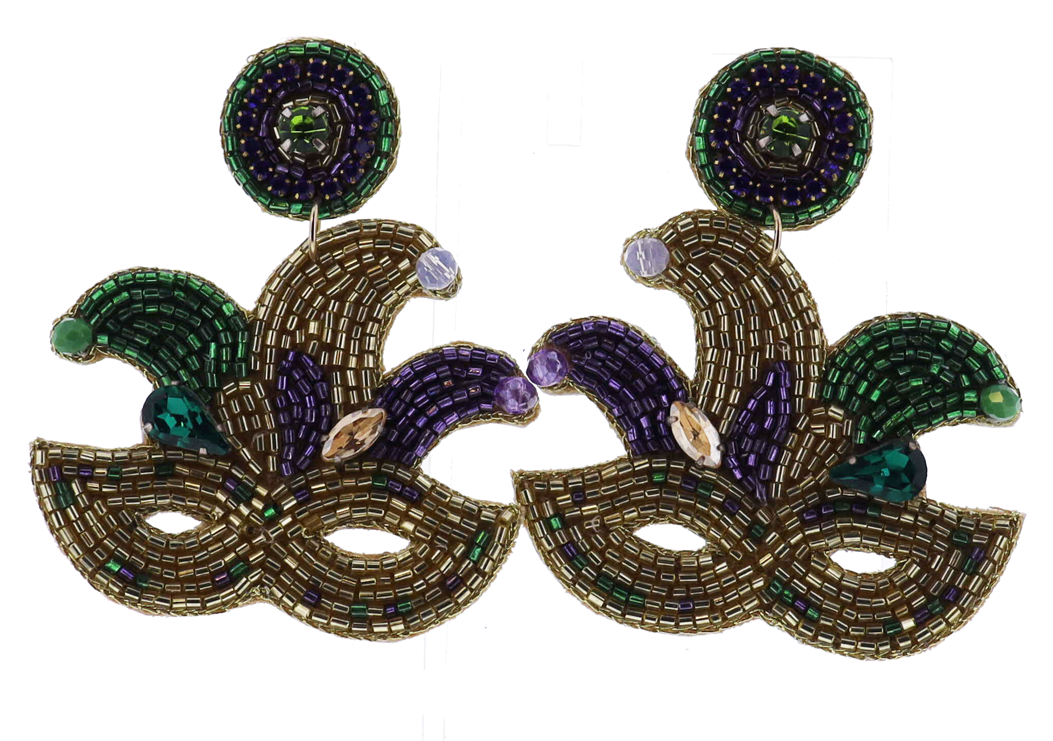 Purple, Green, Gold Beaded Circle Post with Mardi Gras Mask Earring