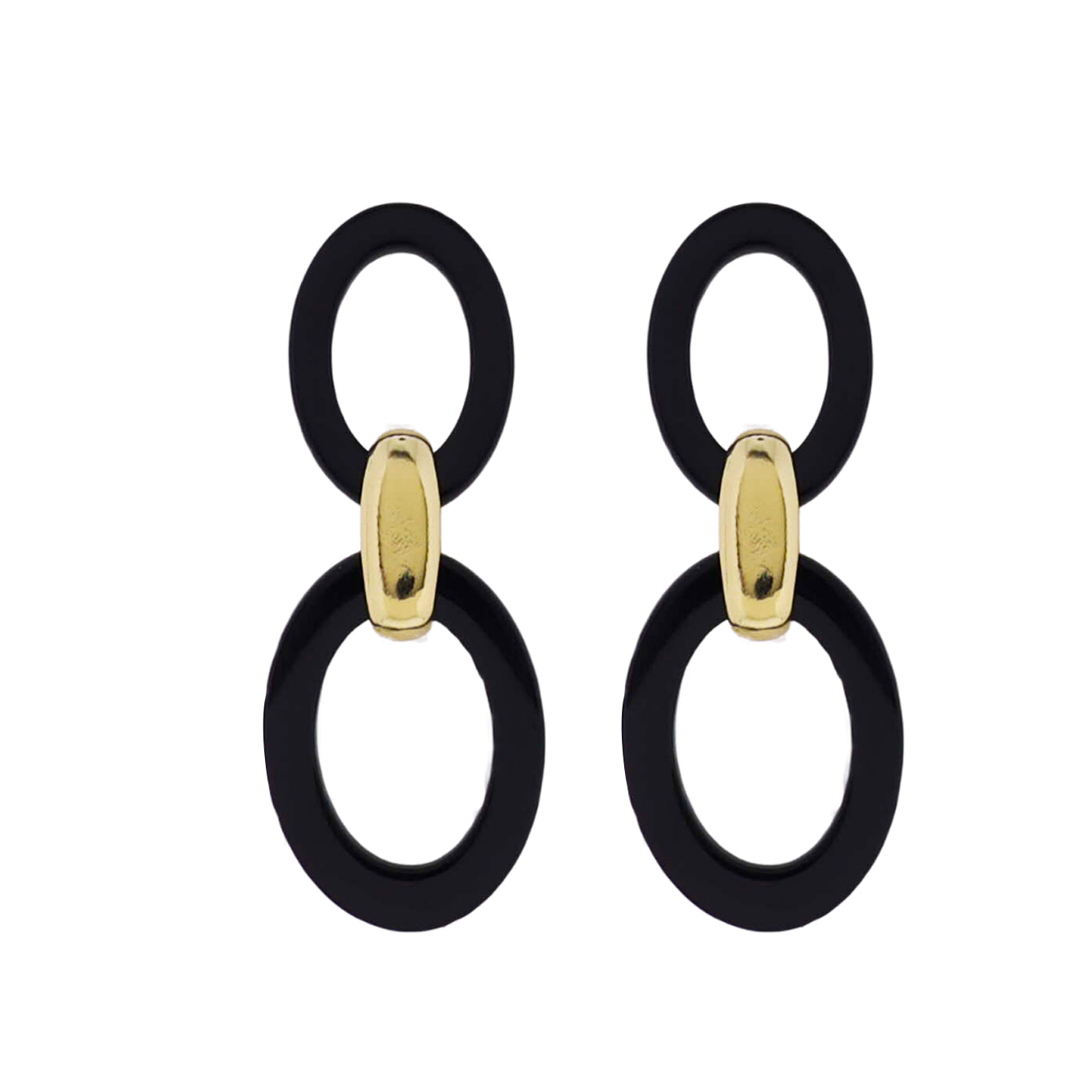 18k Gold Plated Black Oval, Gold Link, Black Oval Earring
