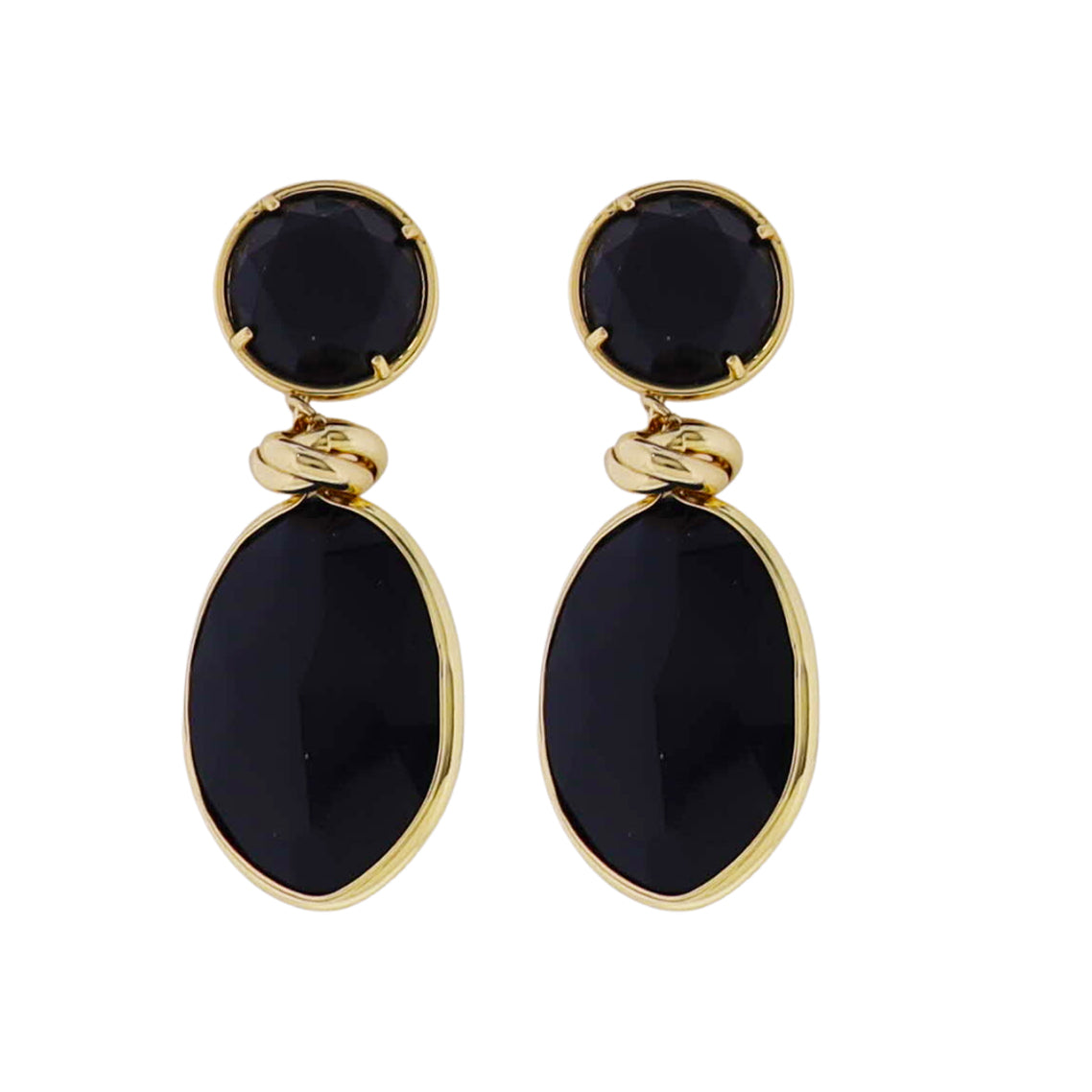 18k Gold Plated Black Crystal Circle Post Earring with Black Crystal Teardrop