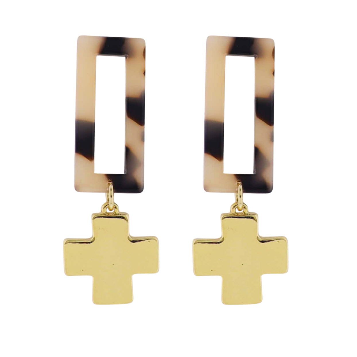 18k Gold Plated Brown Resin Open Square Earring with Gold Cross